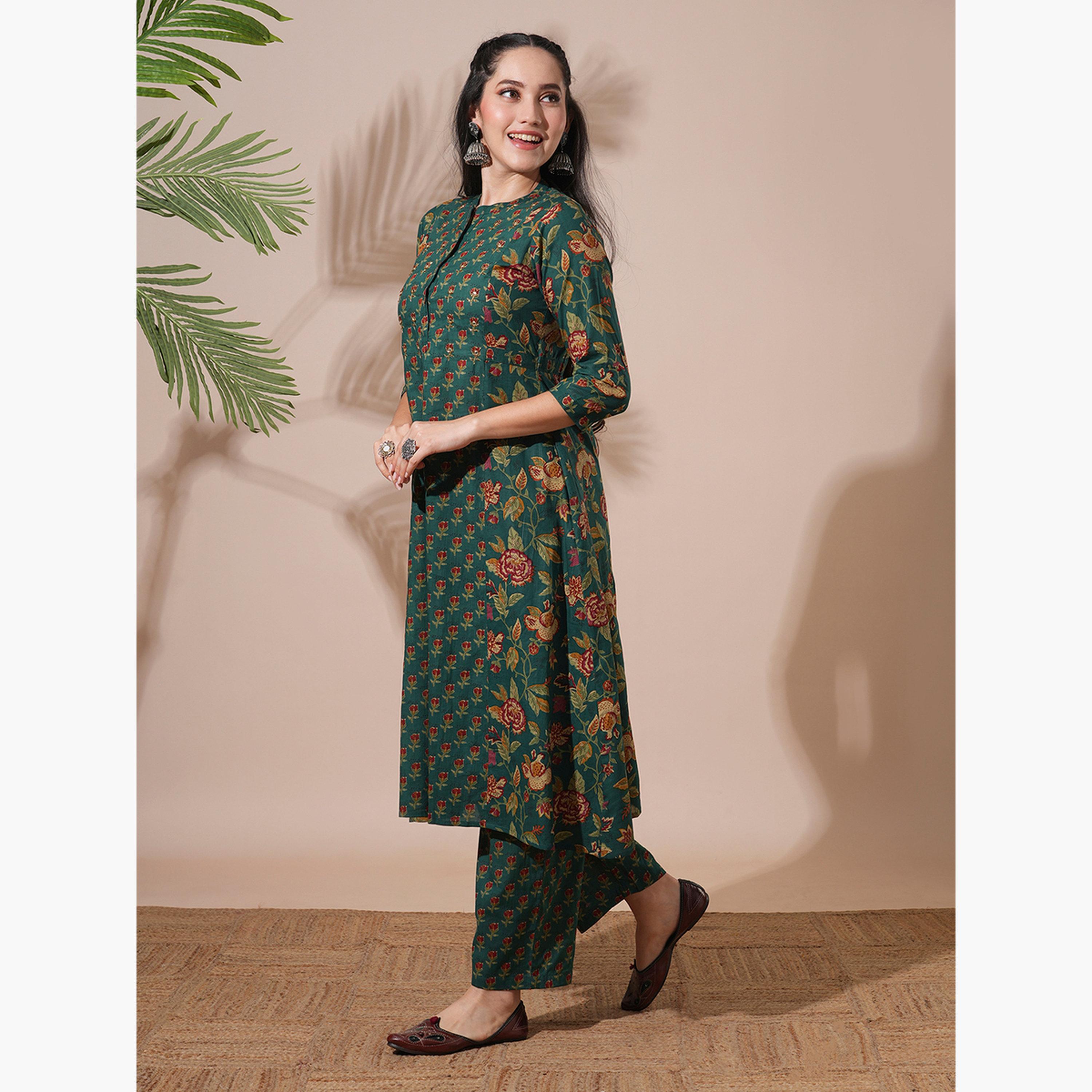 Globus X Styli Women Green Floral Print Mandarin Neck Kurta with Pant Set-women-clothing-ethnicwear-kurtasets-image-2