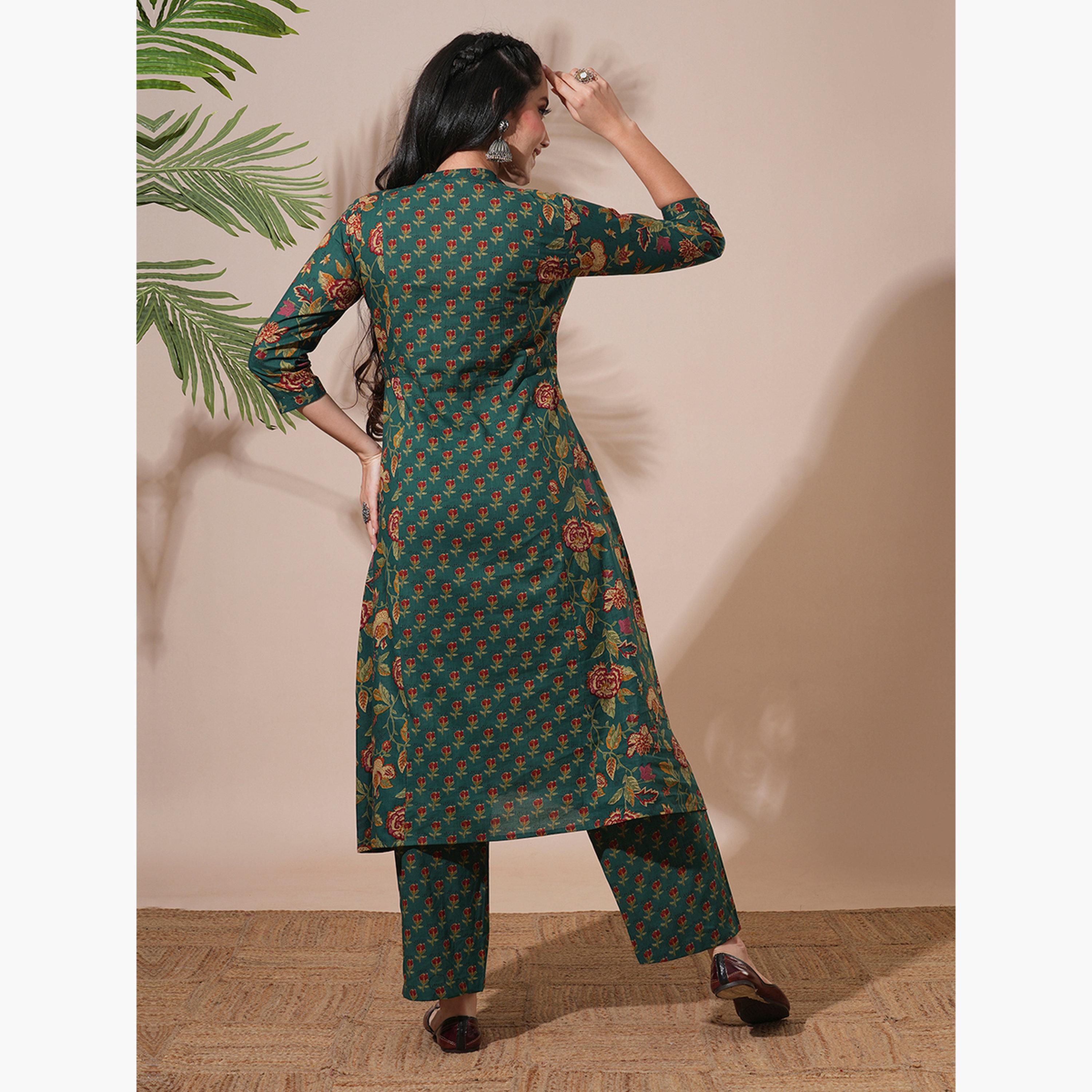 Globus X Styli Women Green Floral Print Mandarin Neck Kurta with Pant Set-women-clothing-ethnicwear-kurtasets-image-3