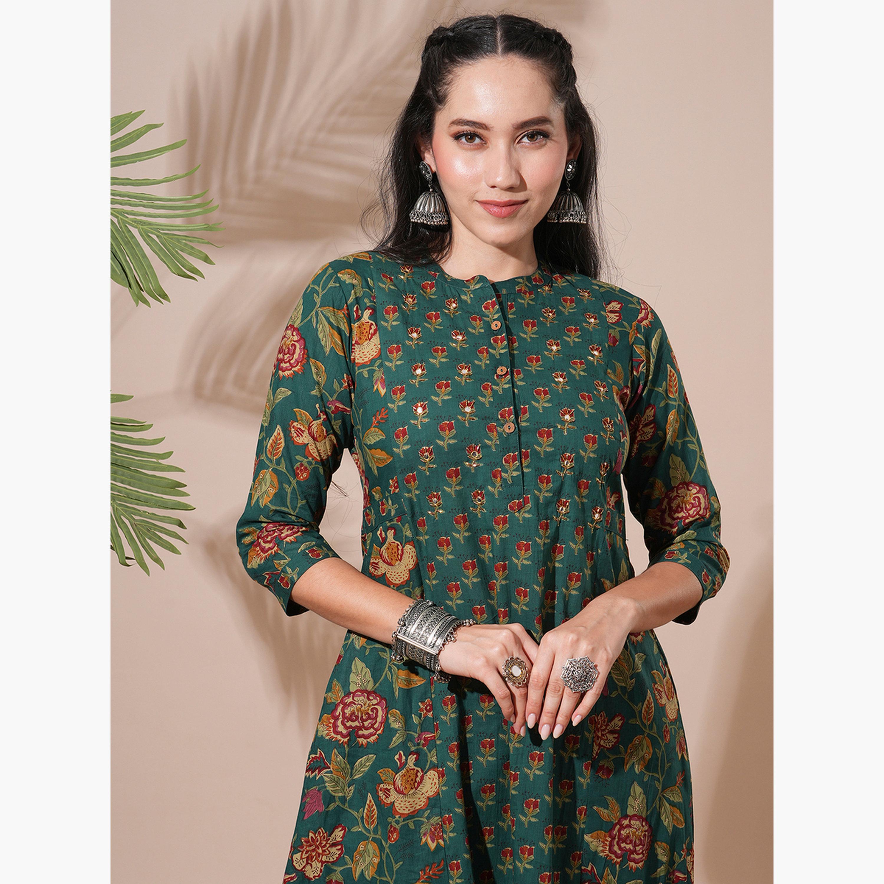 Globus X Styli Women Green Floral Print Mandarin Neck Kurta with Pant Set-women-clothing-ethnicwear-kurtasets-image-4