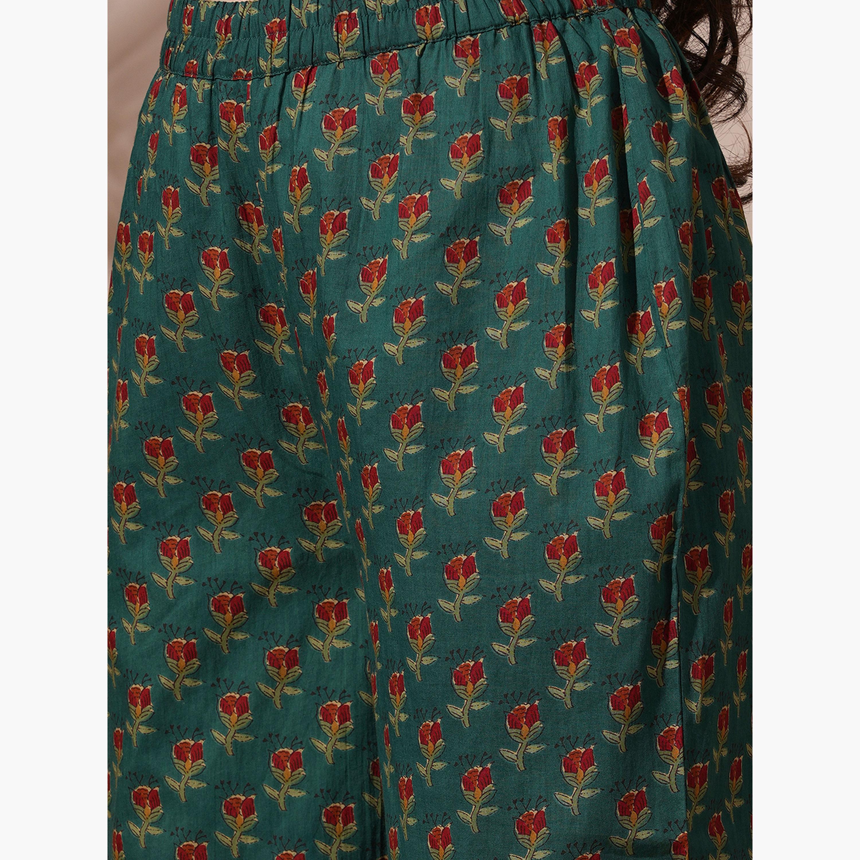 Globus X Styli Women Green Floral Print Mandarin Neck Kurta with Pant Set-women-clothing-ethnicwear-kurtasets-image-5