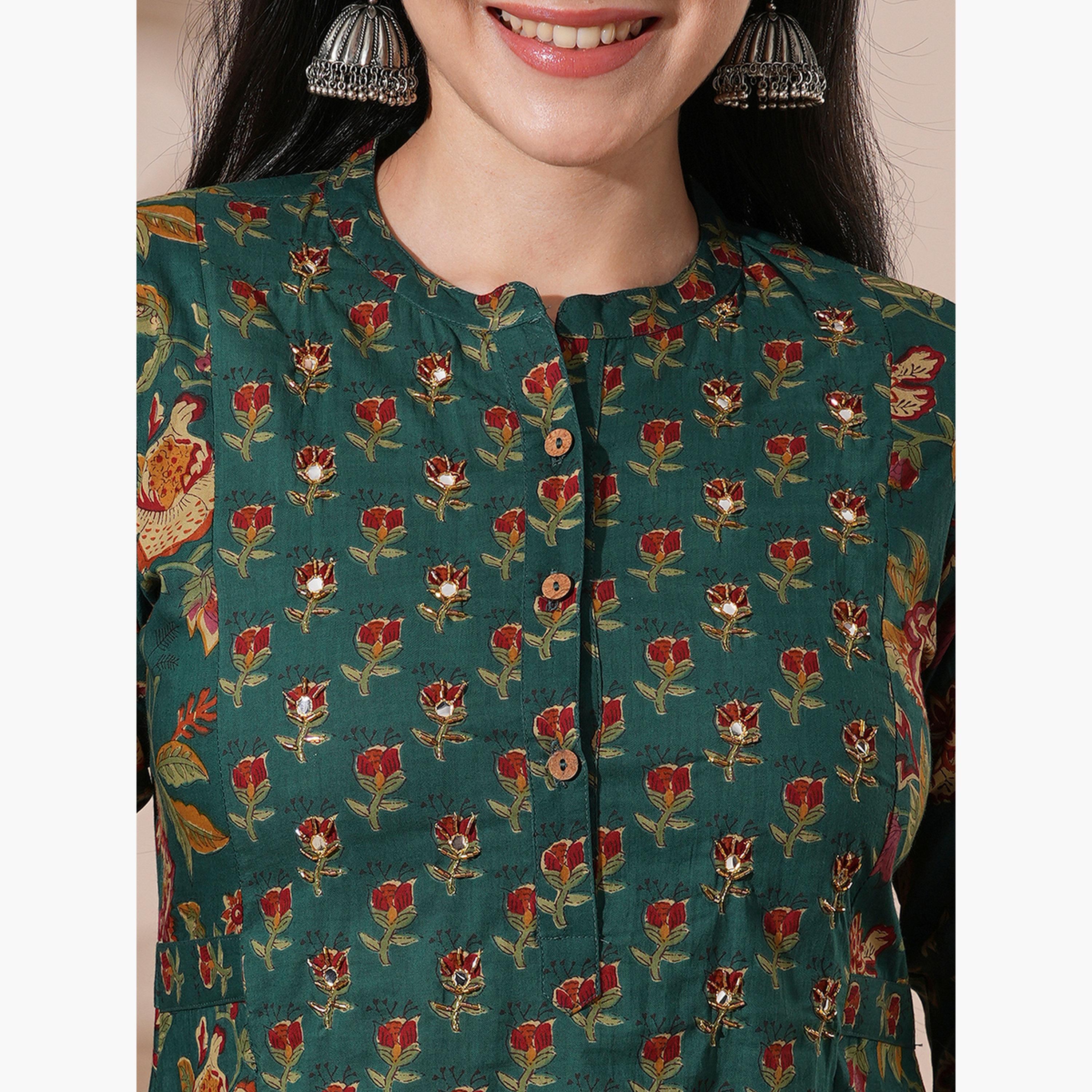 طقم كورتا بطبعة أزهار مع بنطال-women-clothing-ethnicwear-kurtasets-image-6