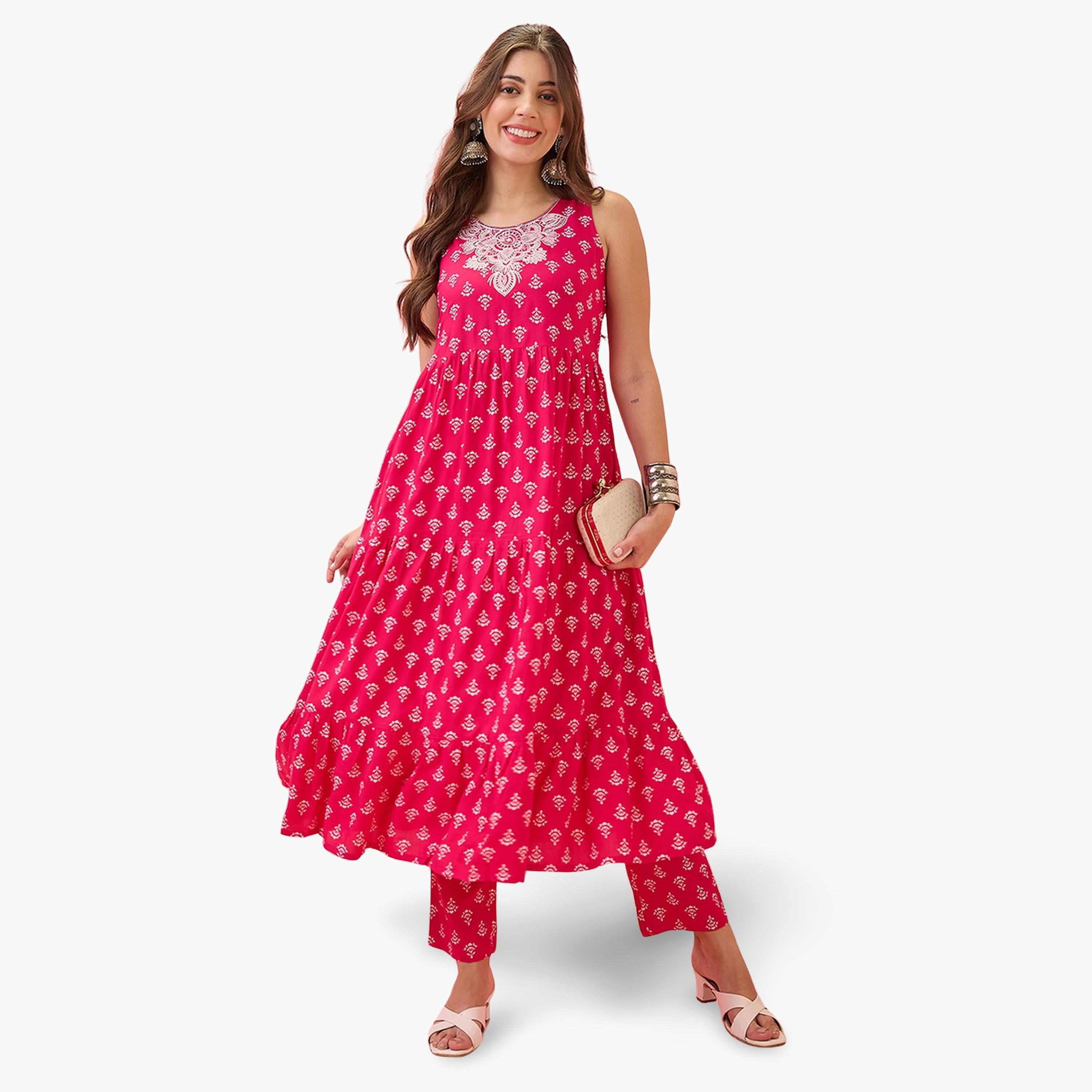 Globus X Styli Women Pink Embroidered Floral Print Tiered Kurta and Pants Set-women-clothing-ethnicwear-kurtasets-image-1