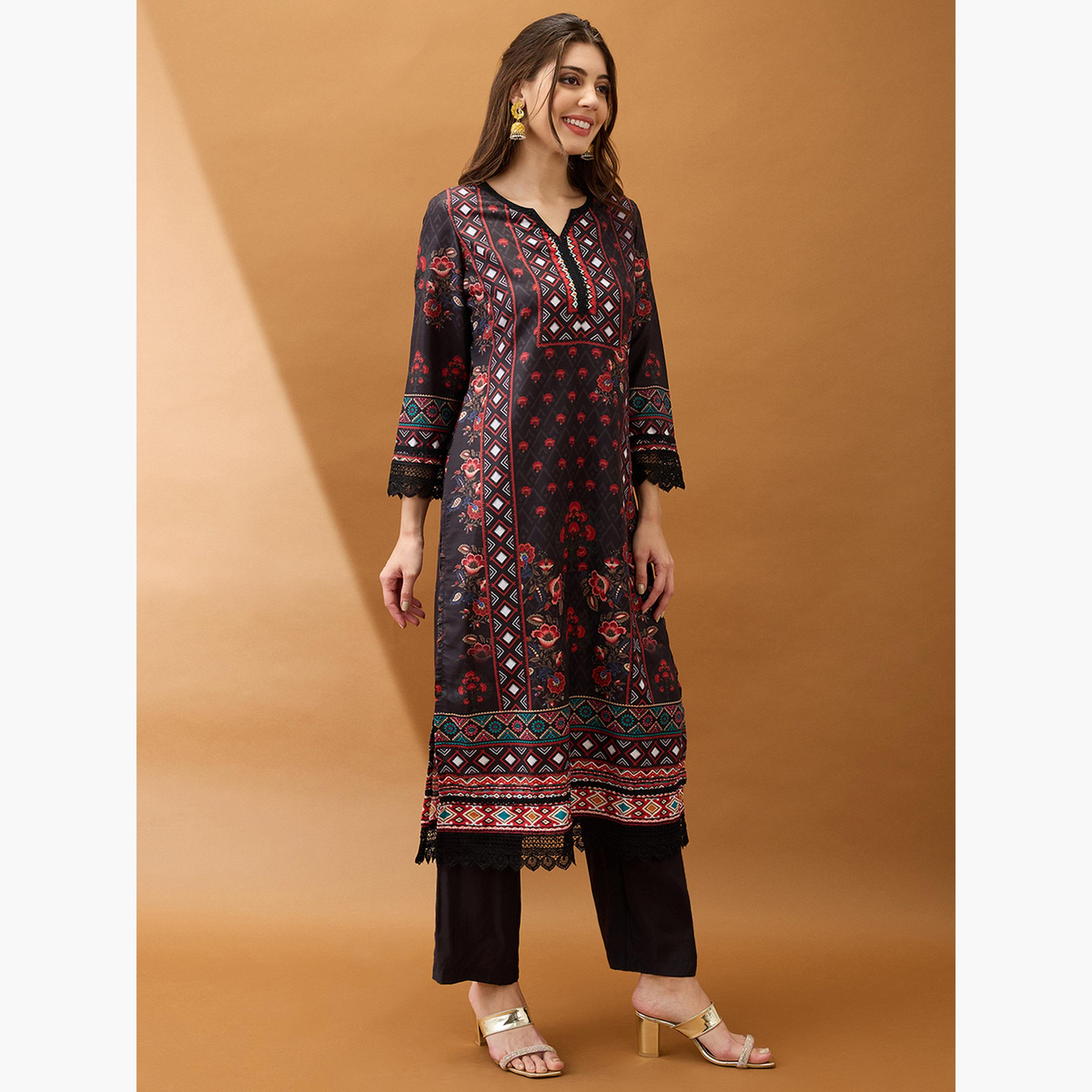 Globus X Styli Women Black Floral Print Lace Insert Kurta with Pant Set-women-clothing-ethnicwear-kurtasets-image-2