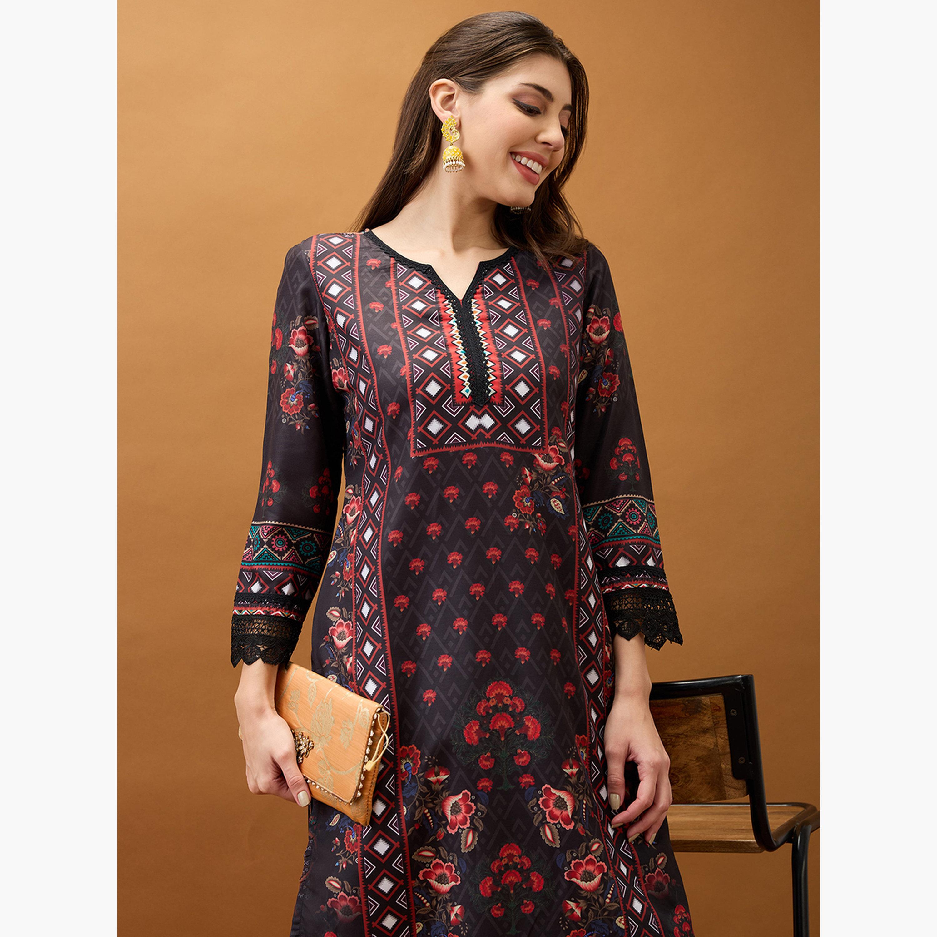 Globus X Styli Women Black Floral Print Lace Insert Kurta with Pant Set-women-clothing-ethnicwear-kurtasets-image-4