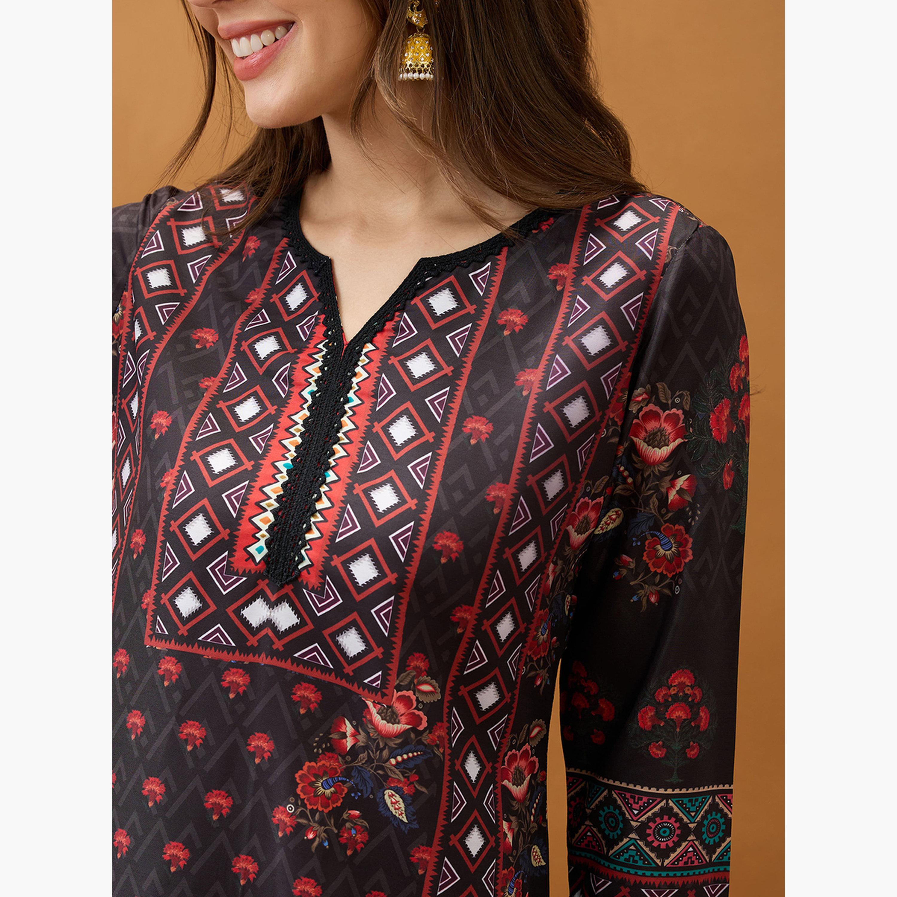 Globus X Styli Women Black Floral Print Lace Insert Kurta with Pant Set-women-clothing-ethnicwear-kurtasets-image-6