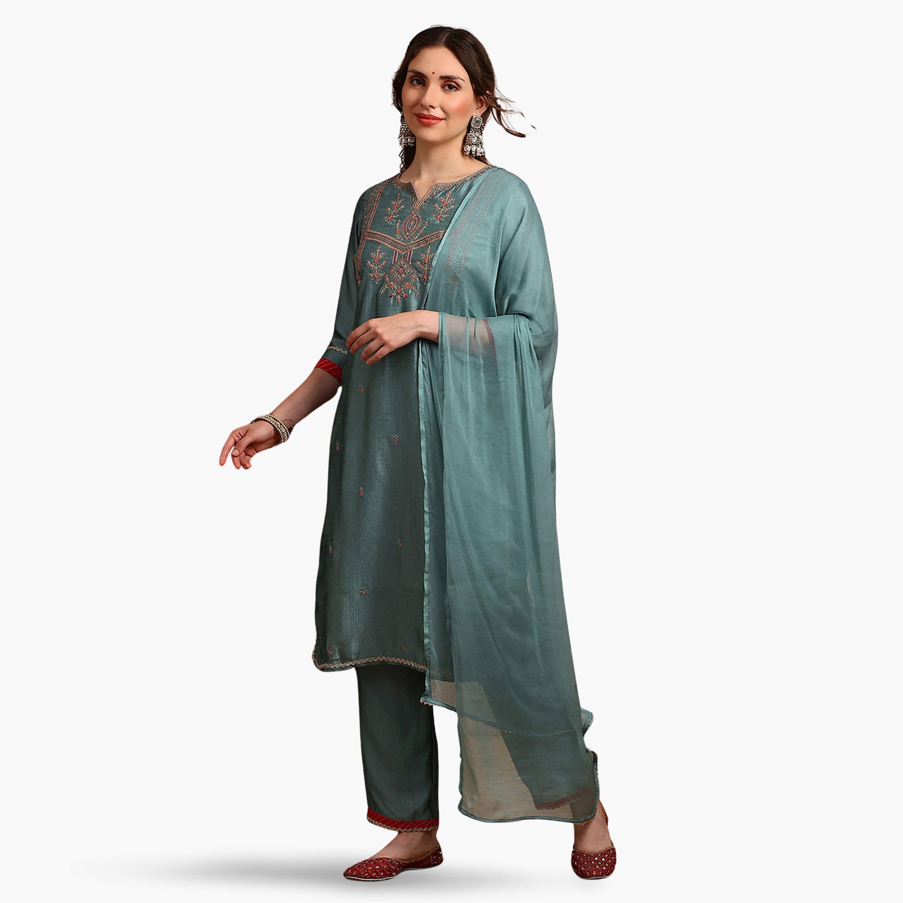 طقم كورتا مطرزة مع بنطال واسع ودوباتا للنساء-women-clothing-ethnicwear-kurtasets-image-1