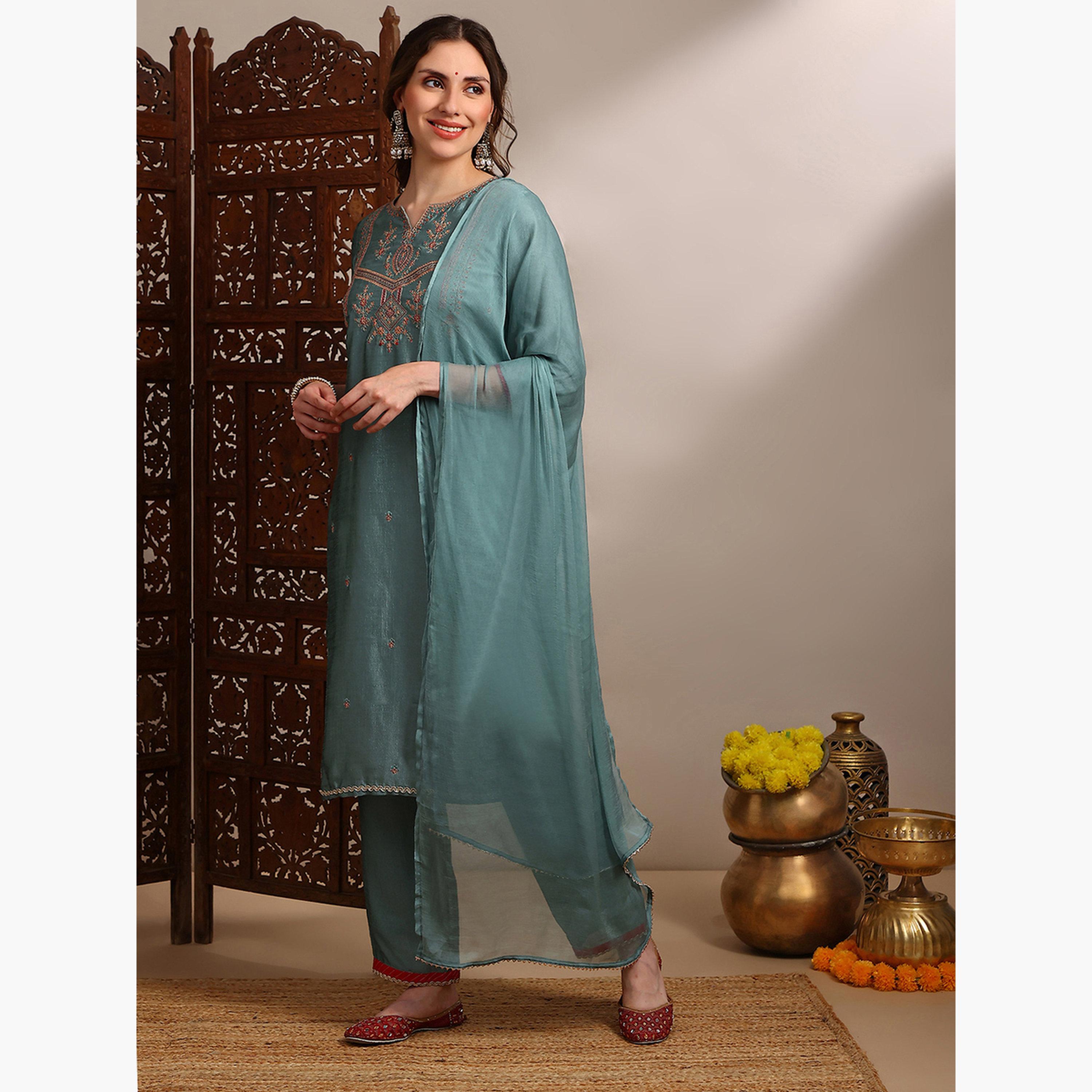 طقم كورتا مطرزة مع بنطال واسع ودوباتا للنساء-women-clothing-ethnicwear-kurtasets-image-2