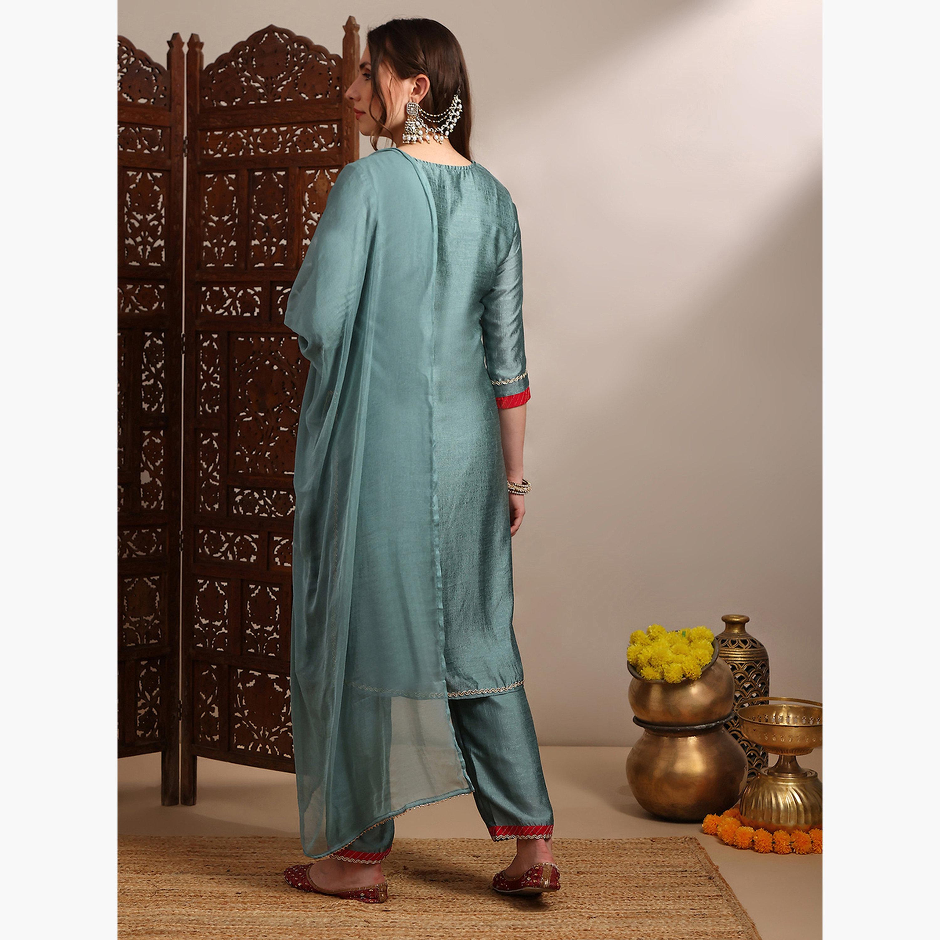 طقم كورتا مطرزة مع بنطال واسع ودوباتا للنساء-women-clothing-ethnicwear-kurtasets-image-3