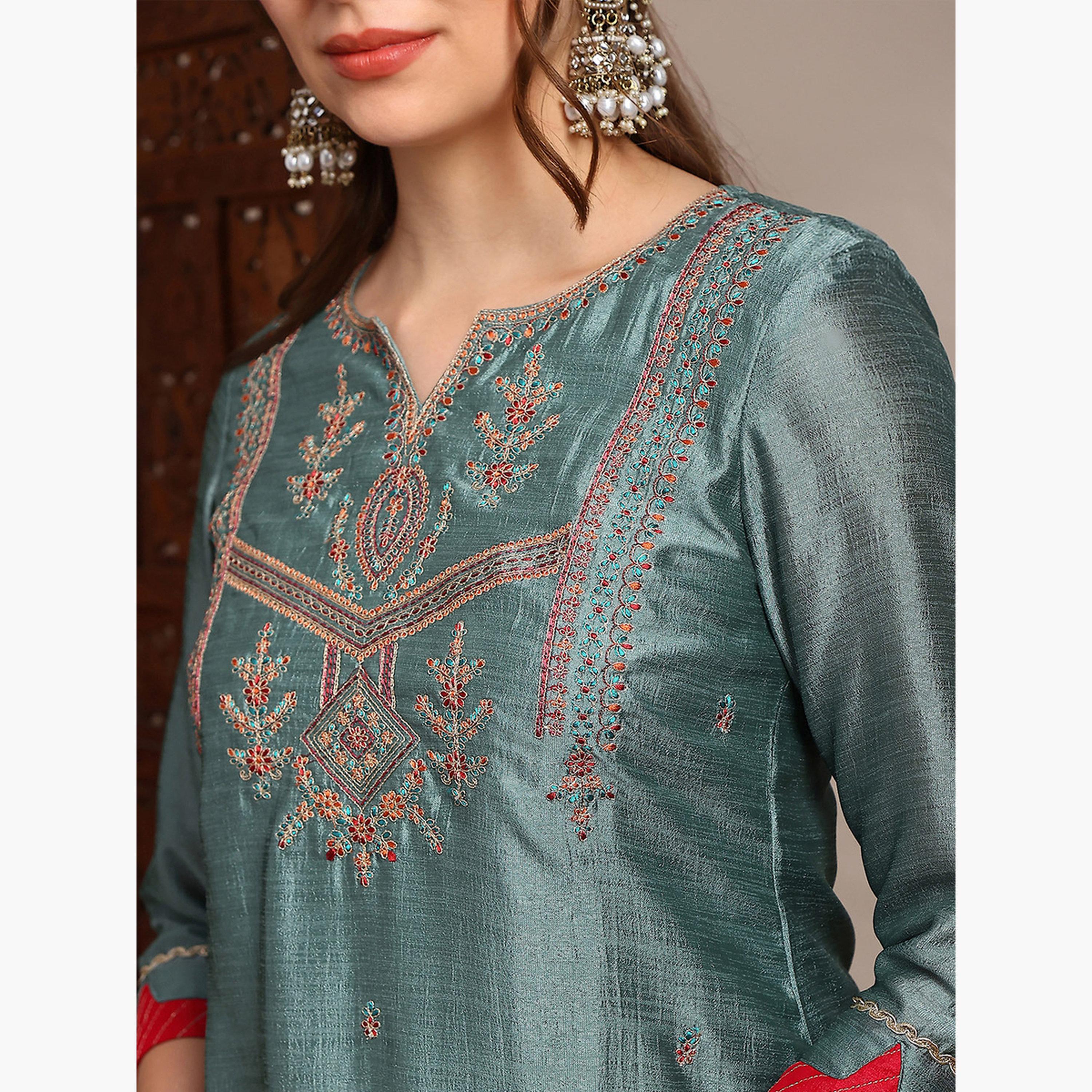 طقم كورتا مطرزة مع بنطال واسع ودوباتا للنساء-women-clothing-ethnicwear-kurtasets-image-6
