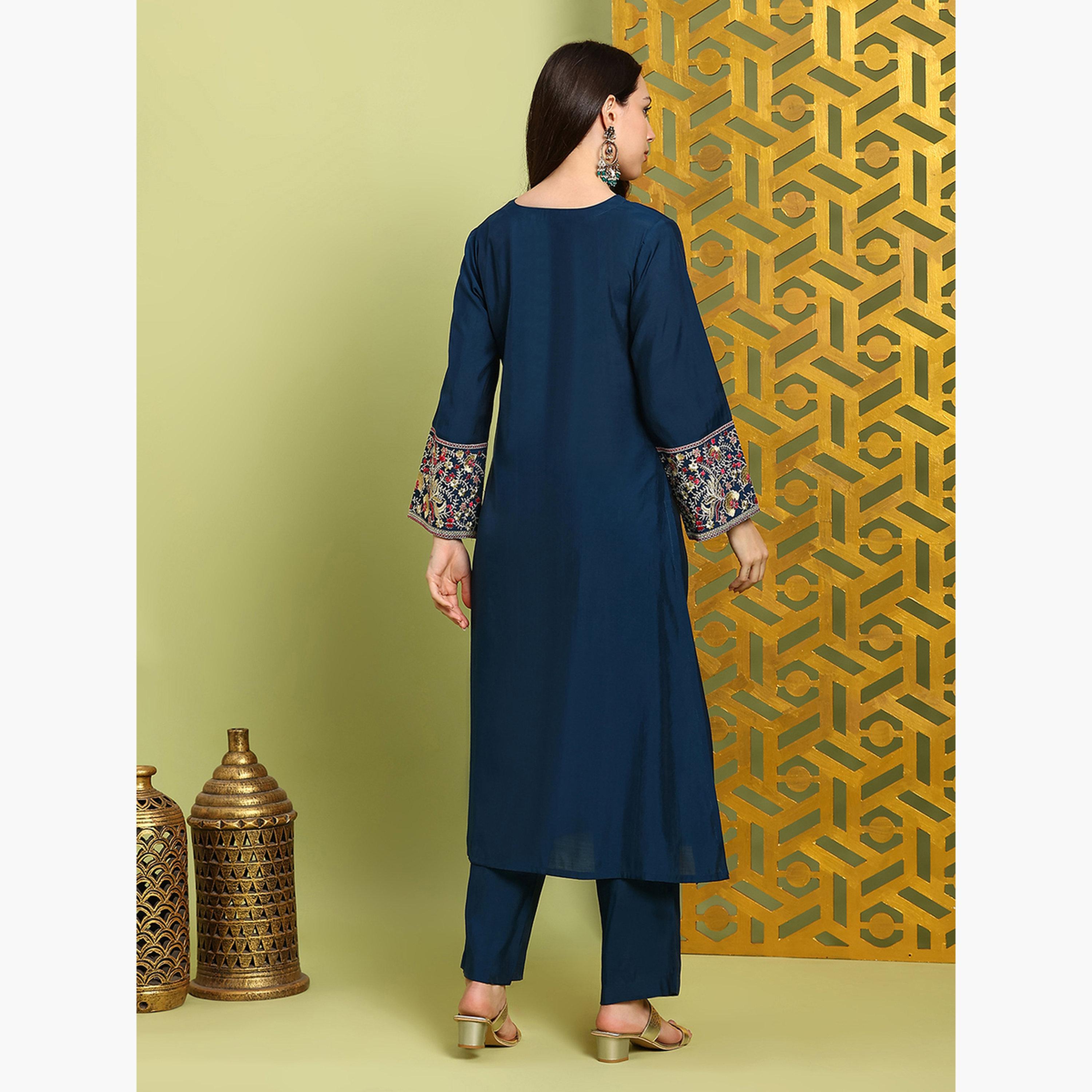 طقم كورتا وبنطال مطرز بزهور والترتر-women-clothing-ethnicwear-kurtasets-image-3