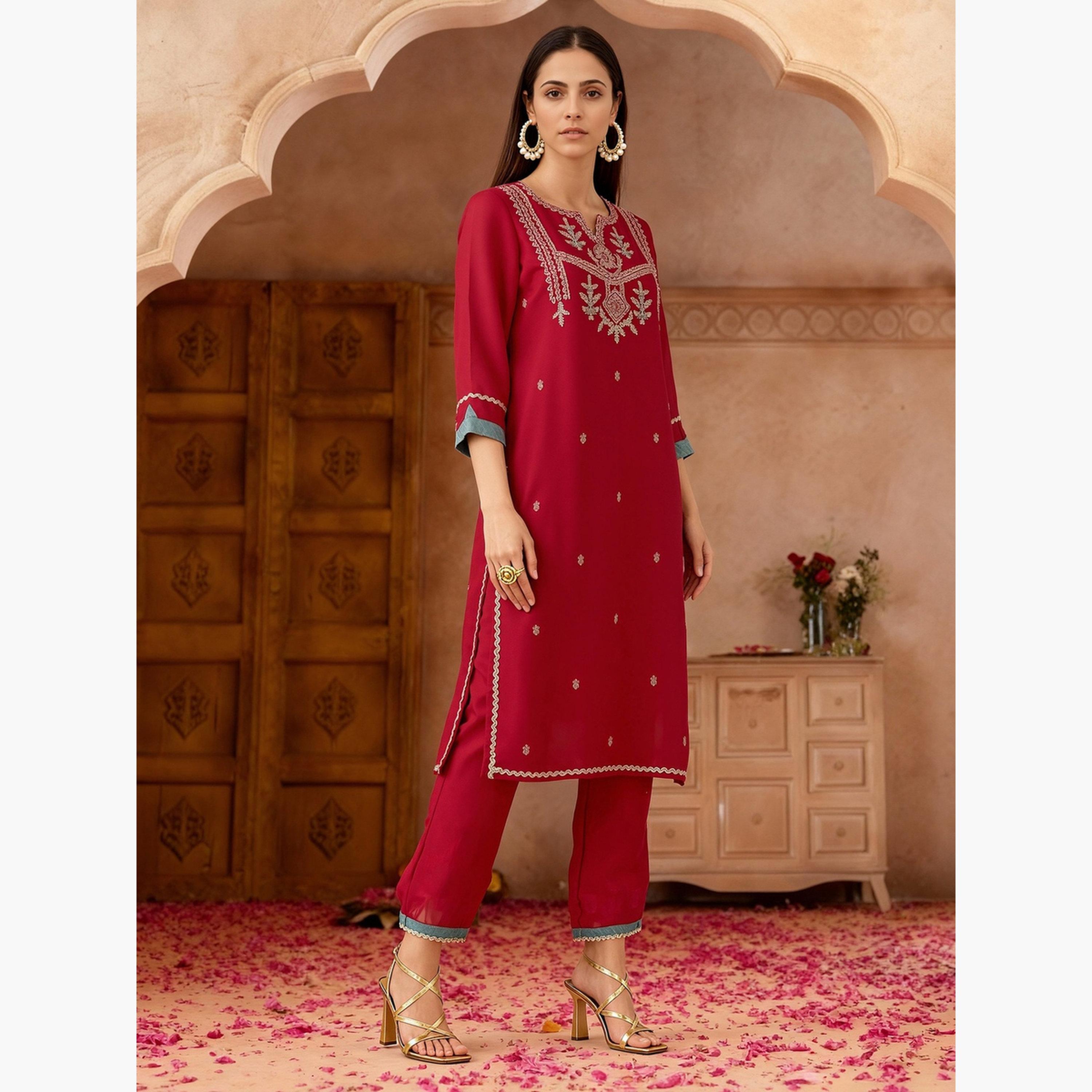 طقم كورتا مستقيمة مطرزة مع بنطال واسع ودوباتا للنساء-women-clothing-ethnicwear-kurtasets-image-2