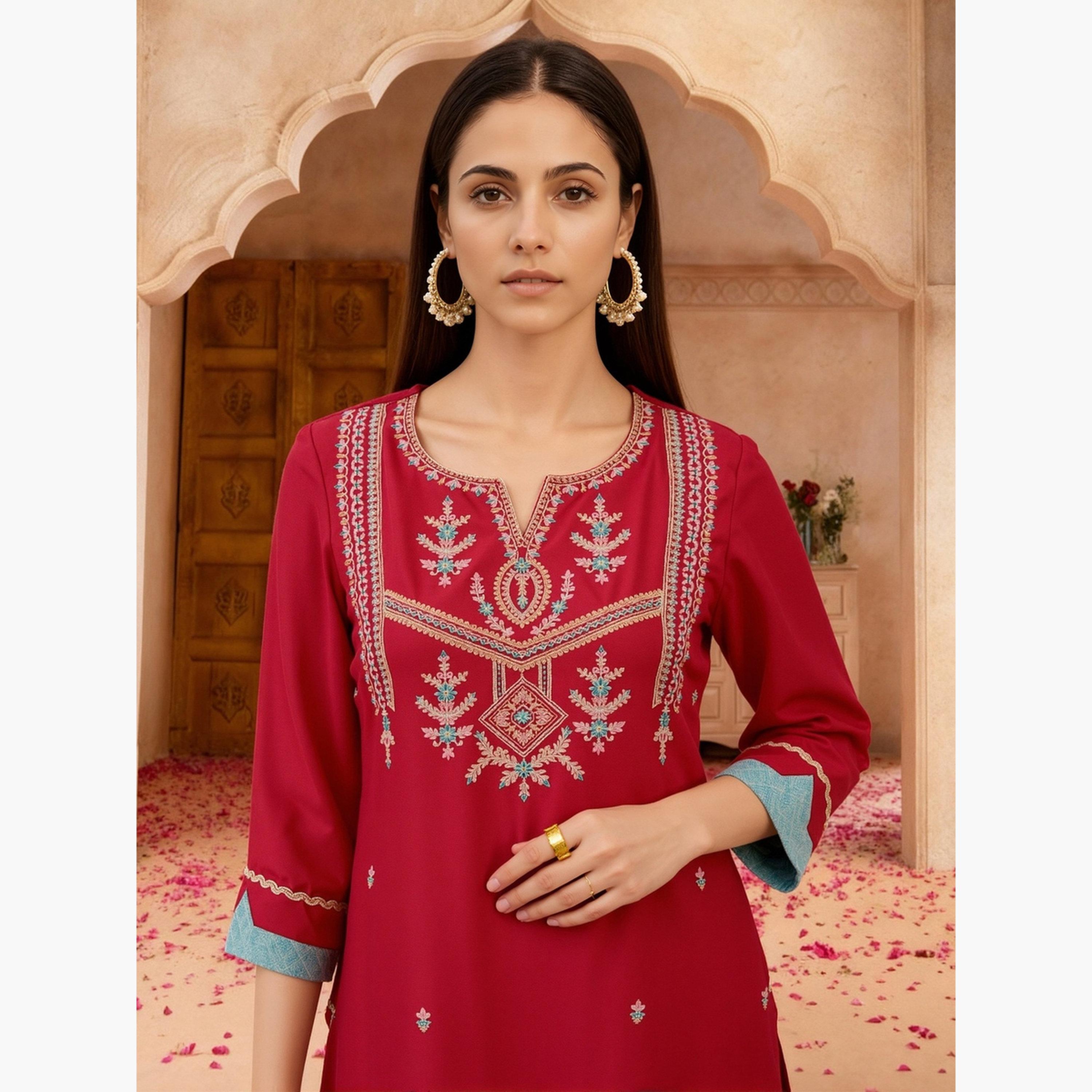 طقم كورتا مستقيمة مطرزة مع بنطال واسع ودوباتا للنساء-women-clothing-ethnicwear-kurtasets-image-4