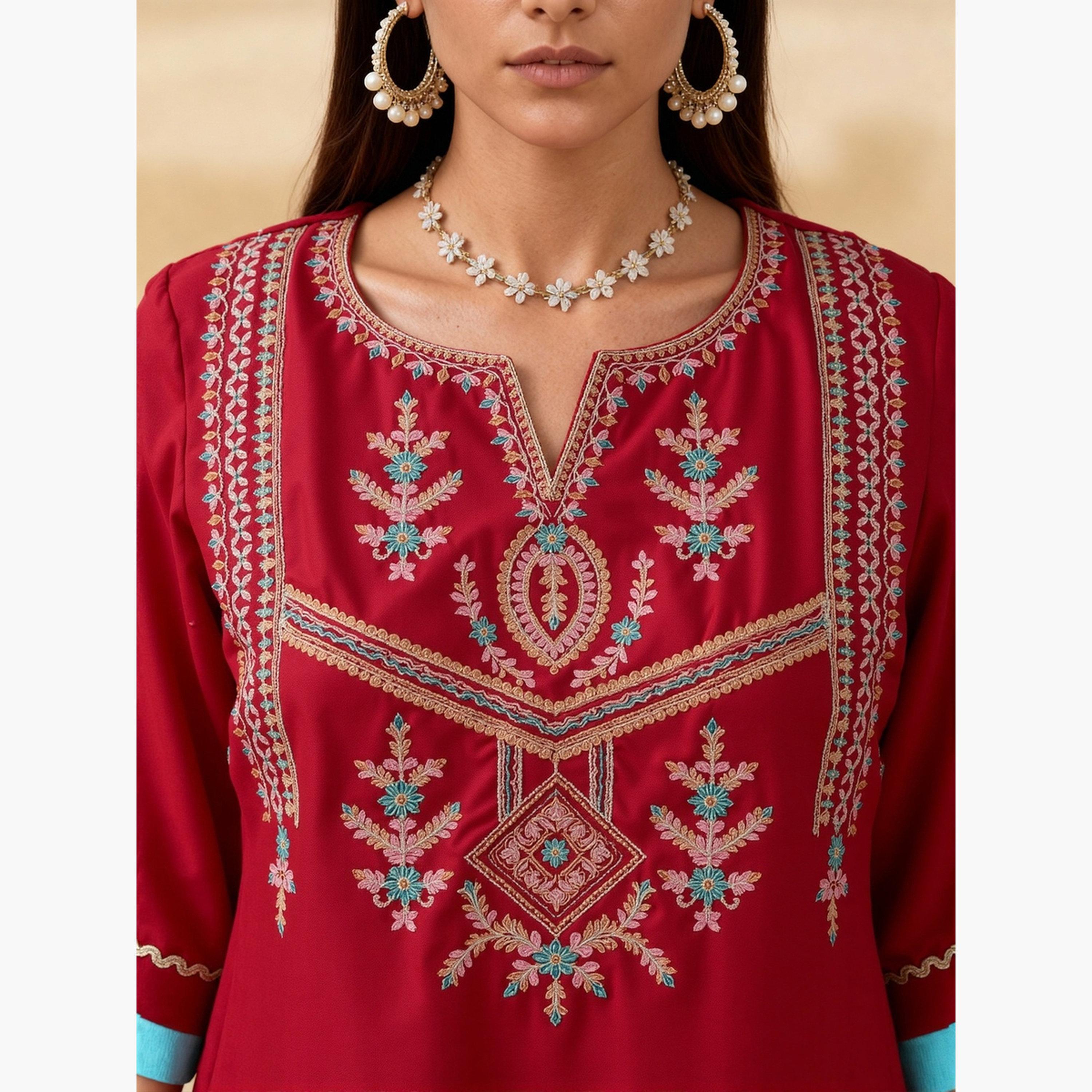 طقم كورتا مستقيمة مطرزة مع بنطال واسع ودوباتا للنساء-women-clothing-ethnicwear-kurtasets-image-6