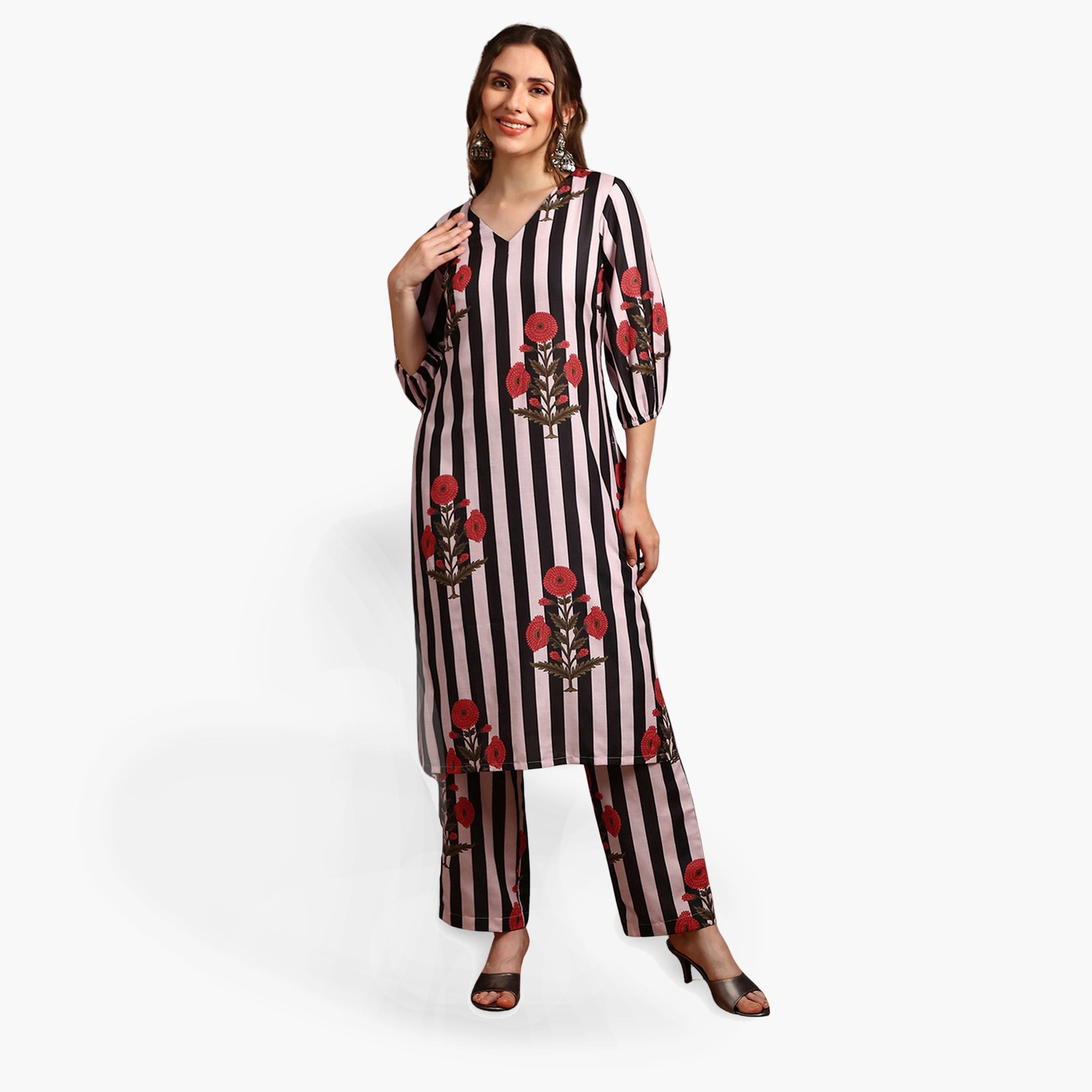 Globus X Styli Women Black Floral Stripes Straight Kurta and Pant Set-women-clothing-ethnicwear-kurtasets-image-1