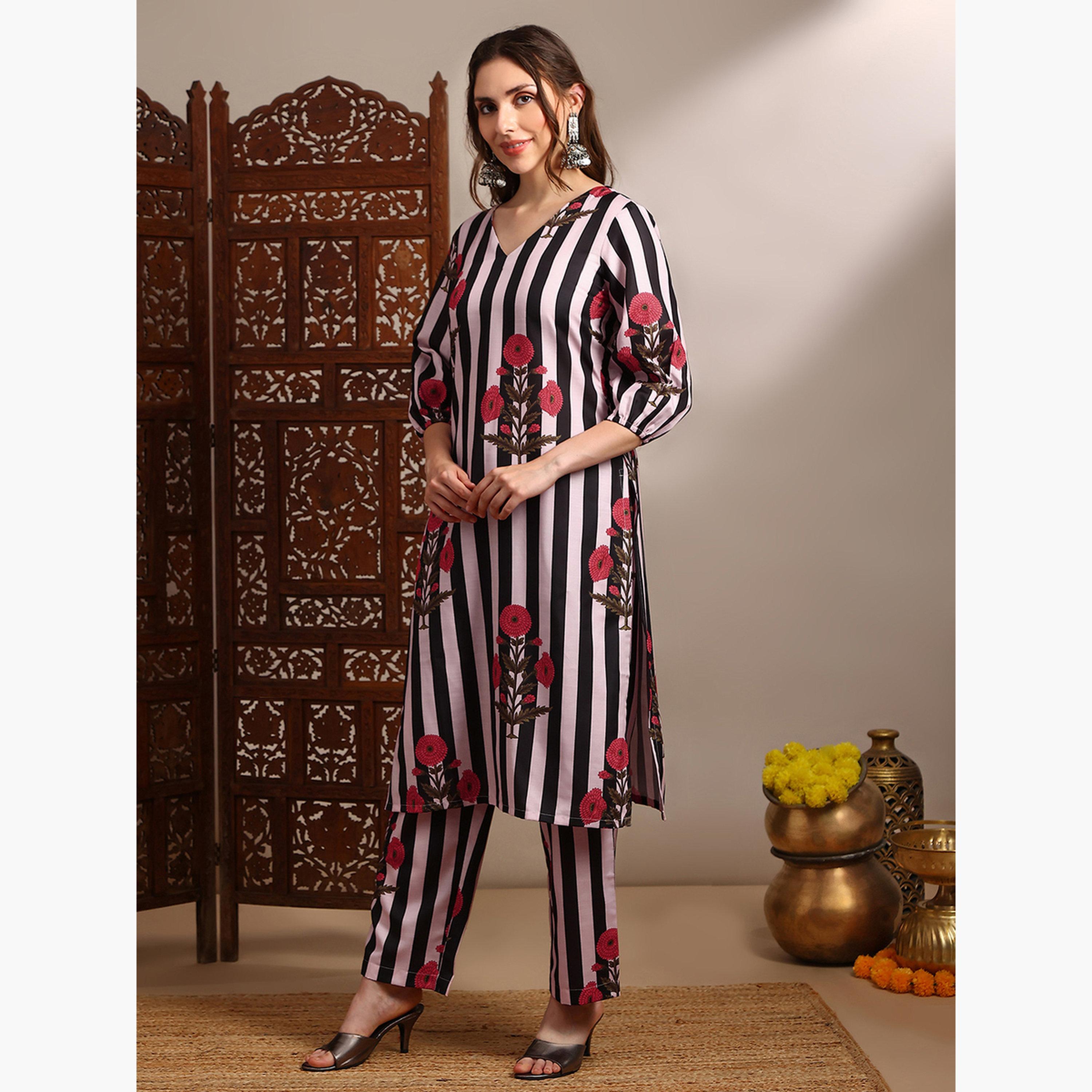 Globus X Styli Women Black Floral Stripes Straight Kurta and Pant Set-women-clothing-ethnicwear-kurtasets-image-2