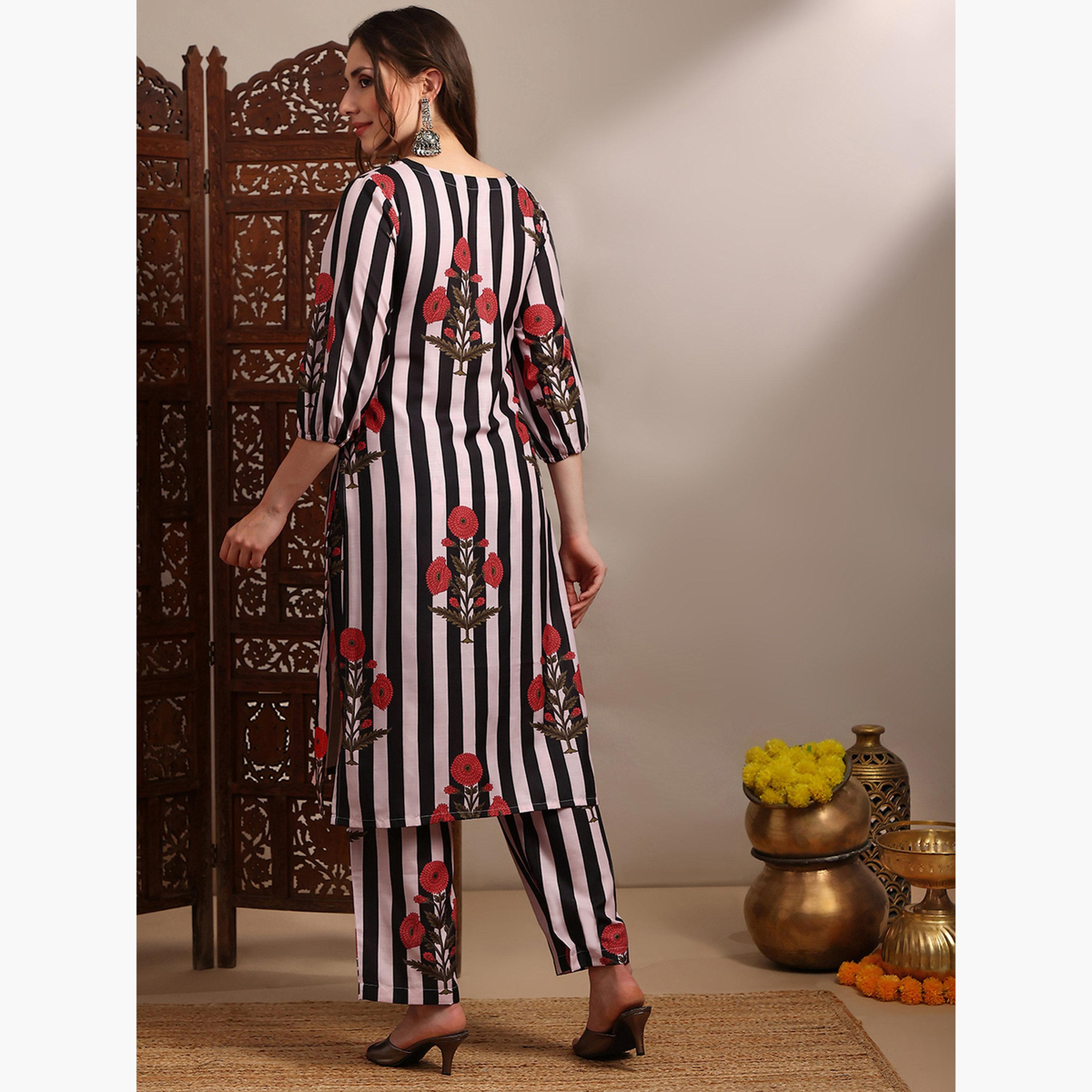 Globus X Styli Women Black Floral Stripes Straight Kurta and Pant Set-women-clothing-ethnicwear-kurtasets-image-3