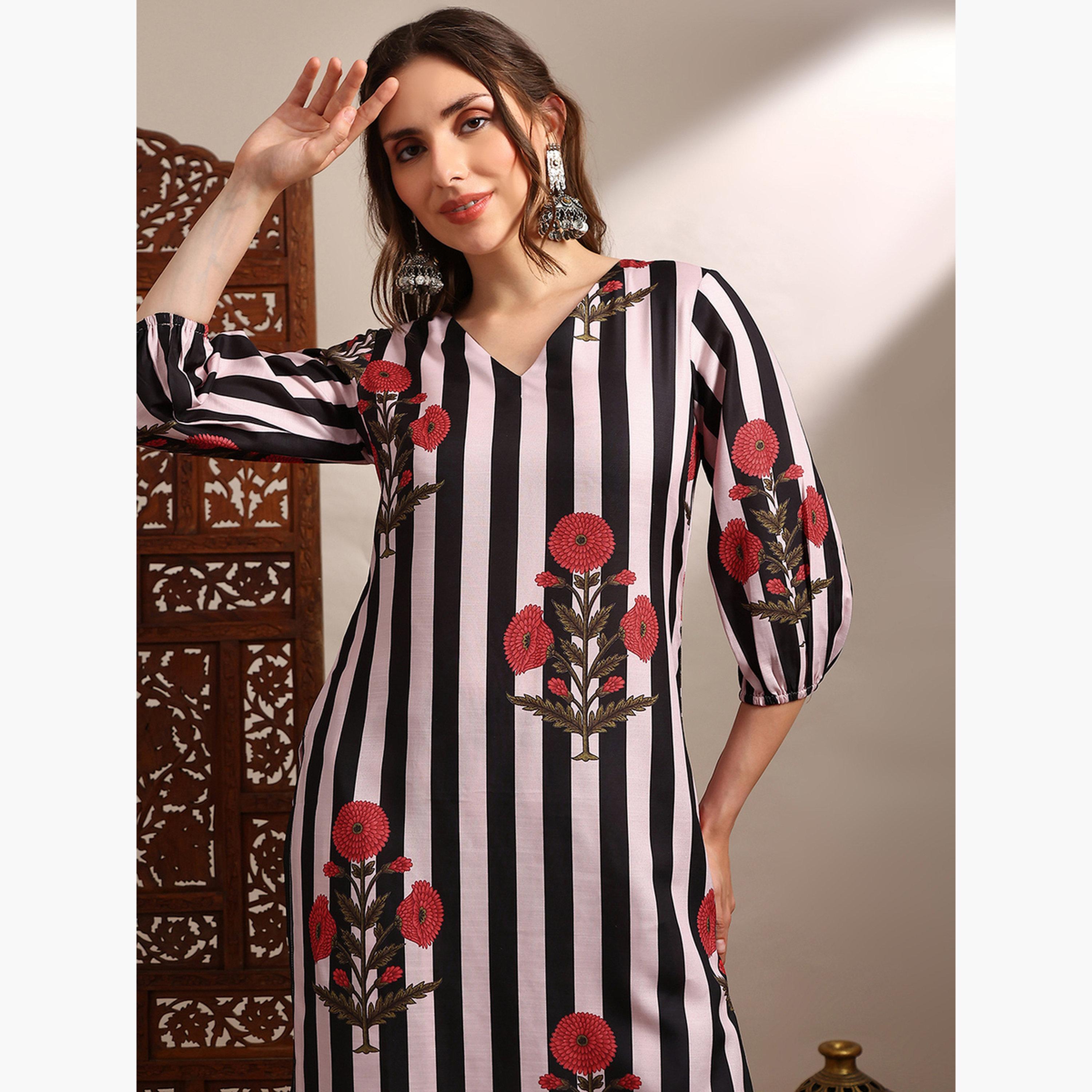 طقم كورتا وبنطال بطبعة خطوط أزهار-women-clothing-ethnicwear-kurtasets-image-4