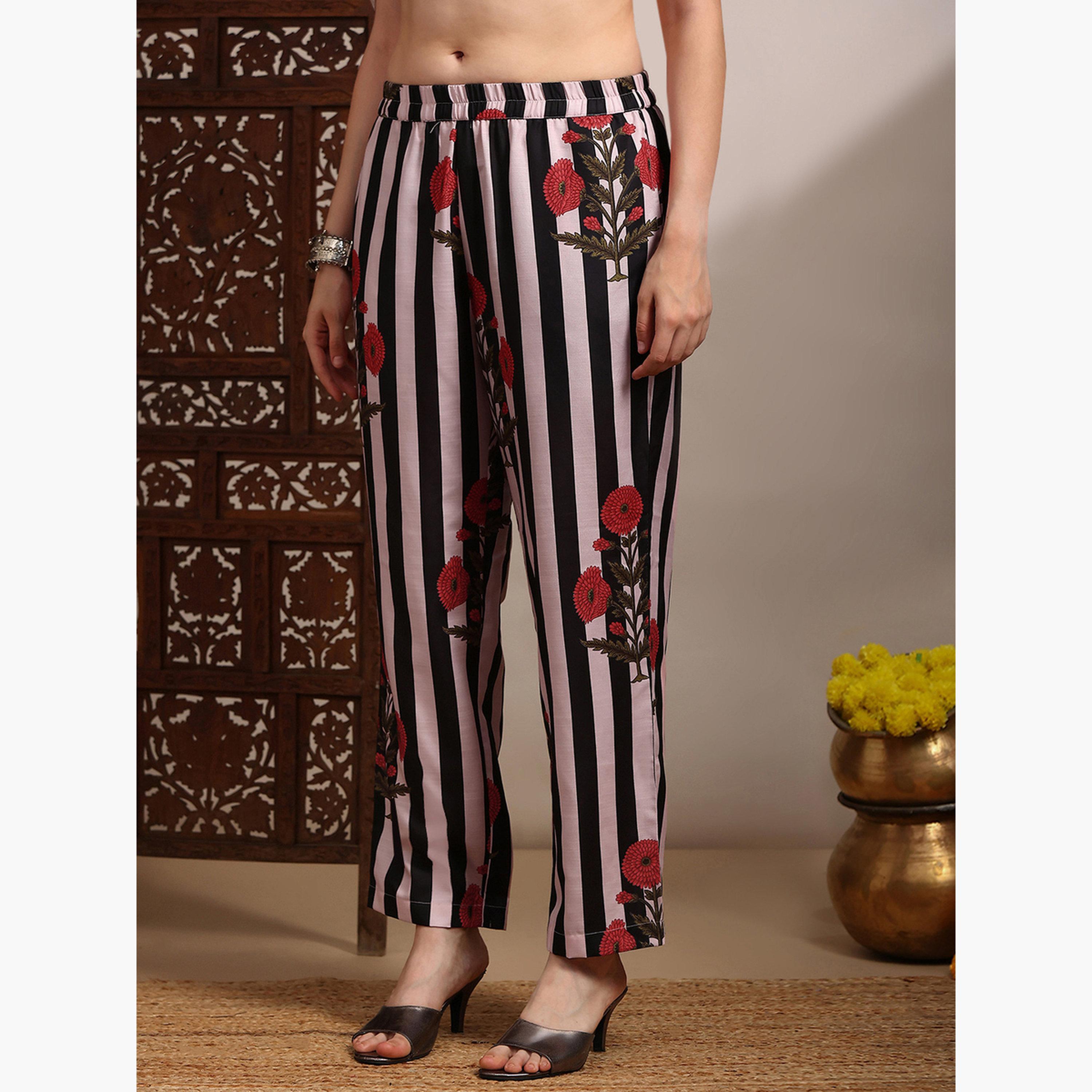 طقم كورتا وبنطال بطبعة خطوط أزهار-women-clothing-ethnicwear-kurtasets-image-5