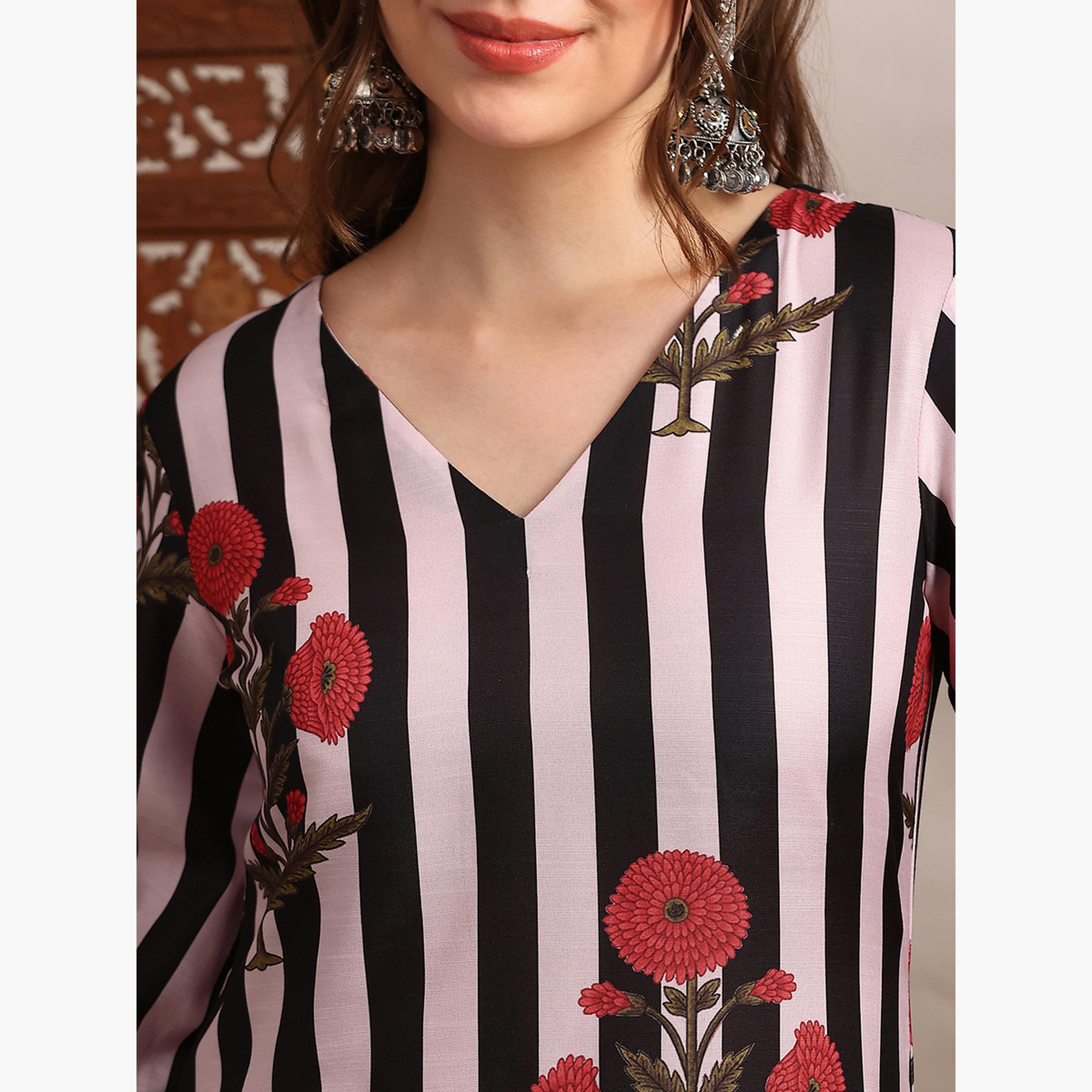 Globus X Styli Women Black Floral Stripes Straight Kurta and Pant Set-women-clothing-ethnicwear-kurtasets-image-6