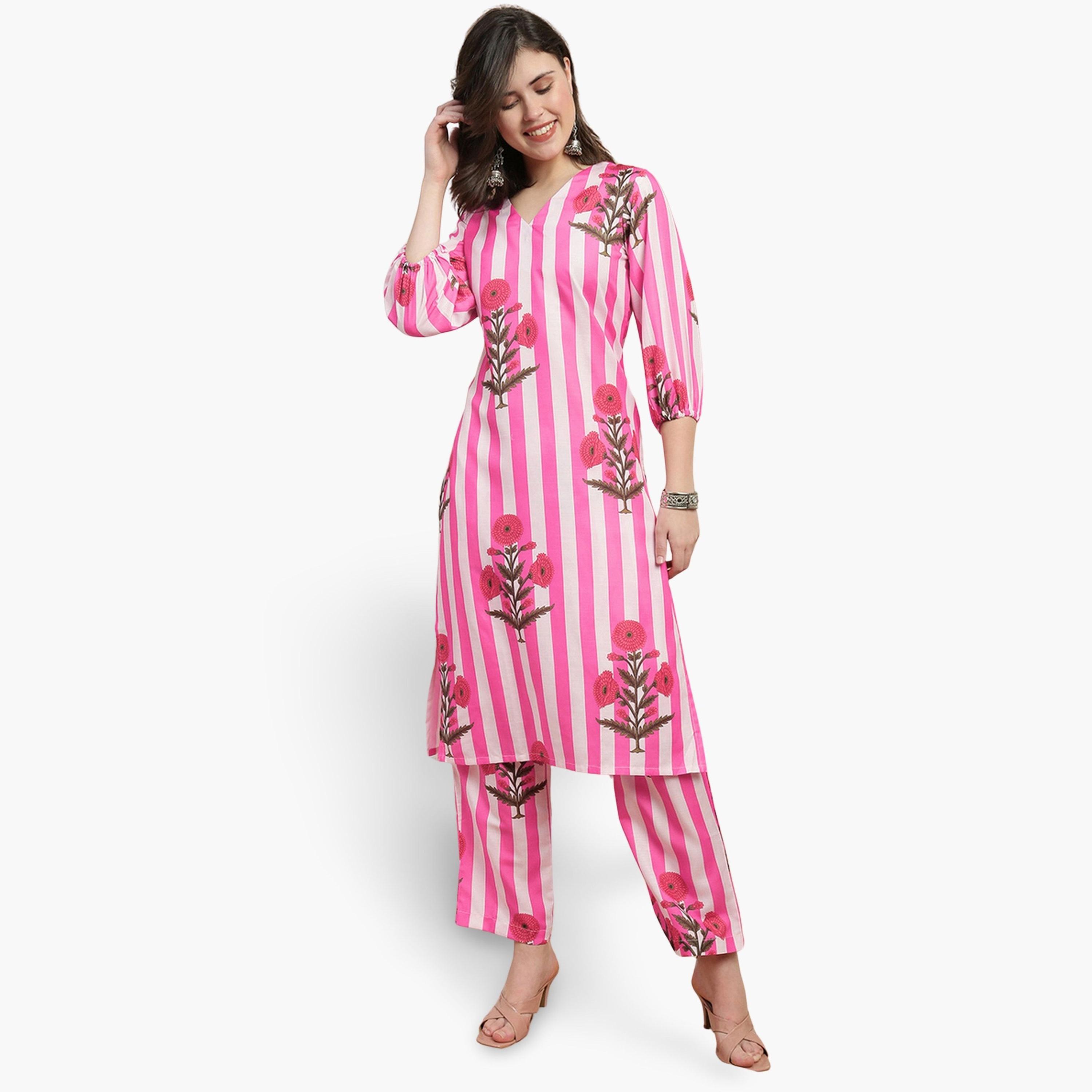 طقم كورتا وبنطال بطبعة خطوط أزهار-women-clothing-ethnicwear-kurtasets-image-1