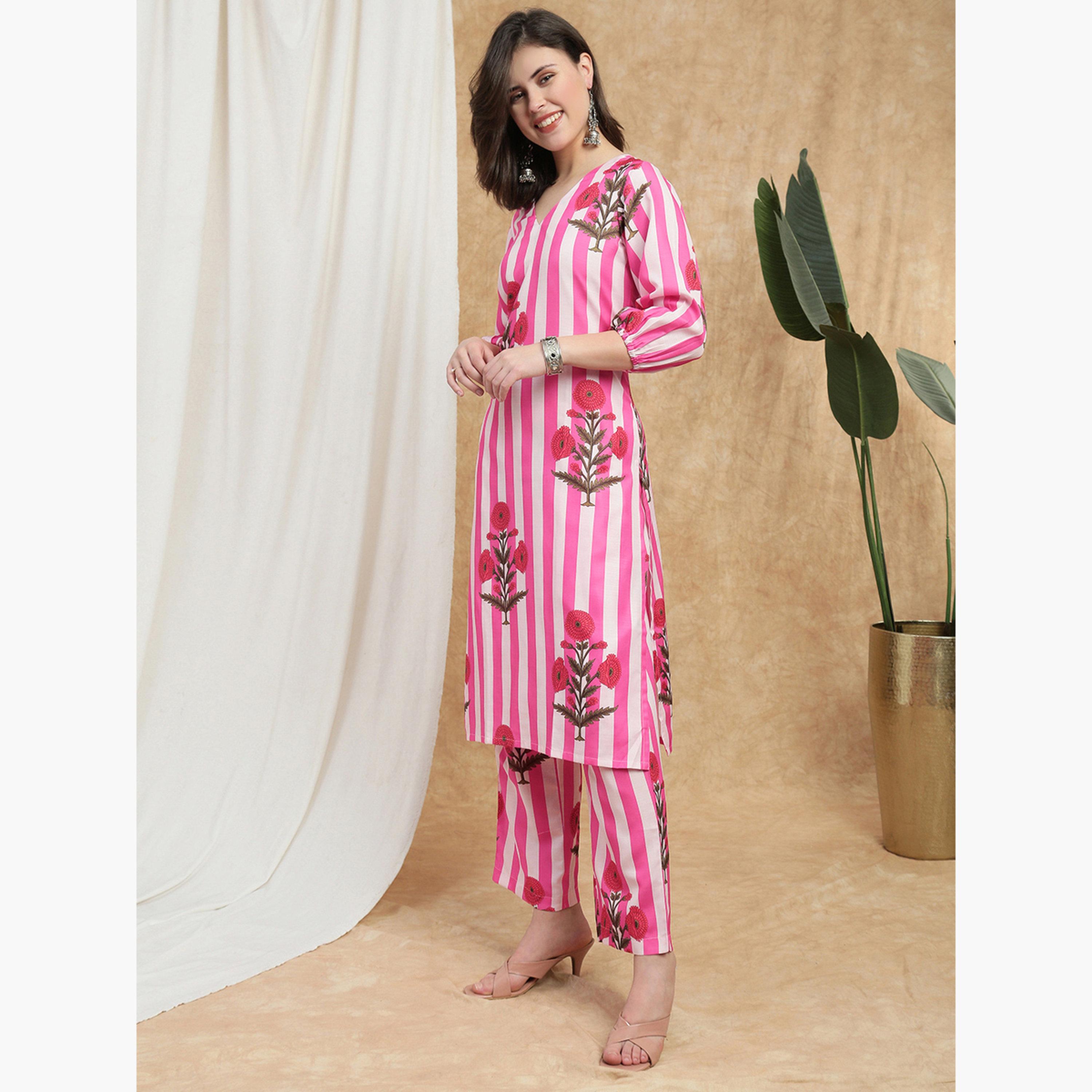 طقم كورتا وبنطال بطبعة خطوط أزهار-women-clothing-ethnicwear-kurtasets-image-2
