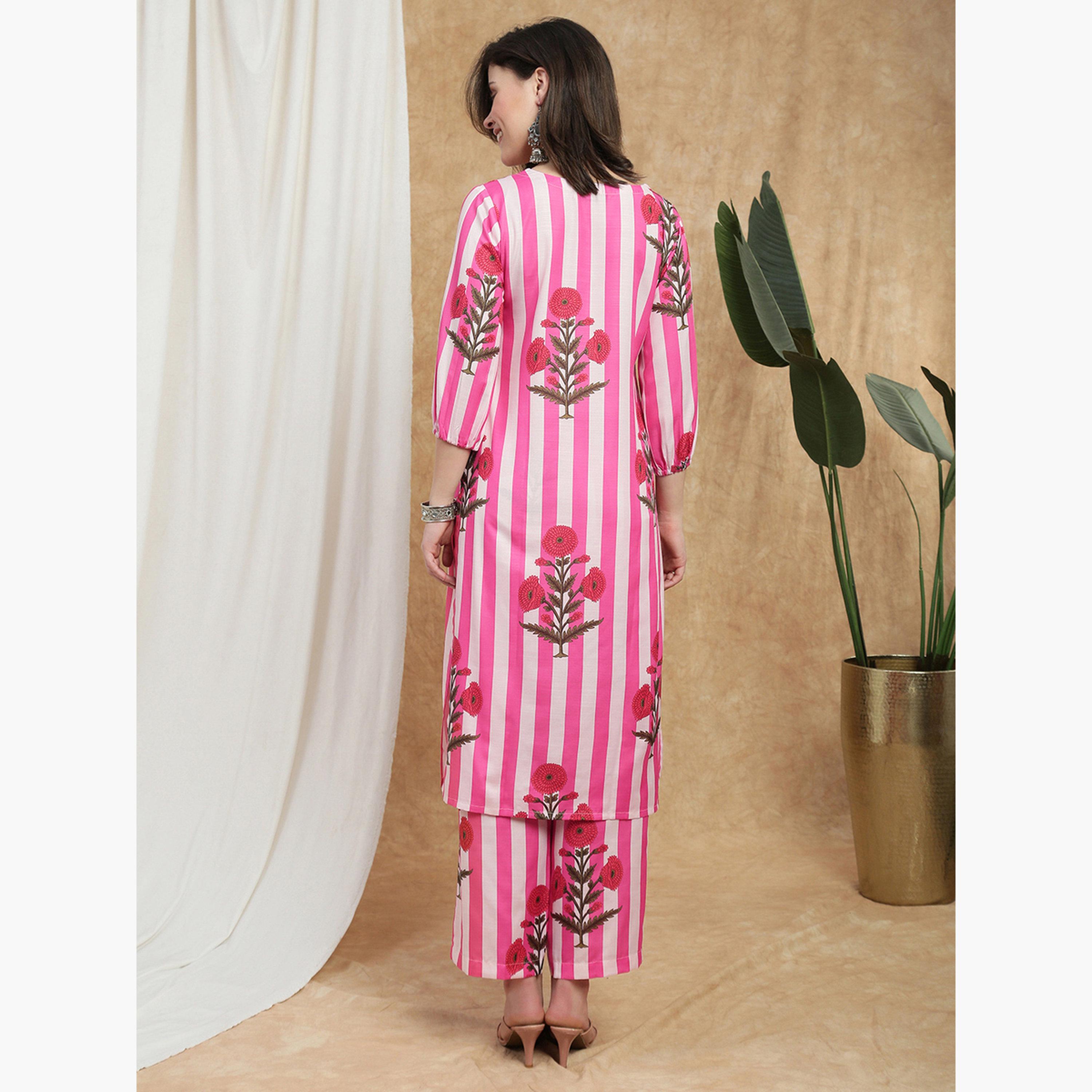 طقم كورتا وبنطال بطبعة خطوط أزهار-women-clothing-ethnicwear-kurtasets-image-3