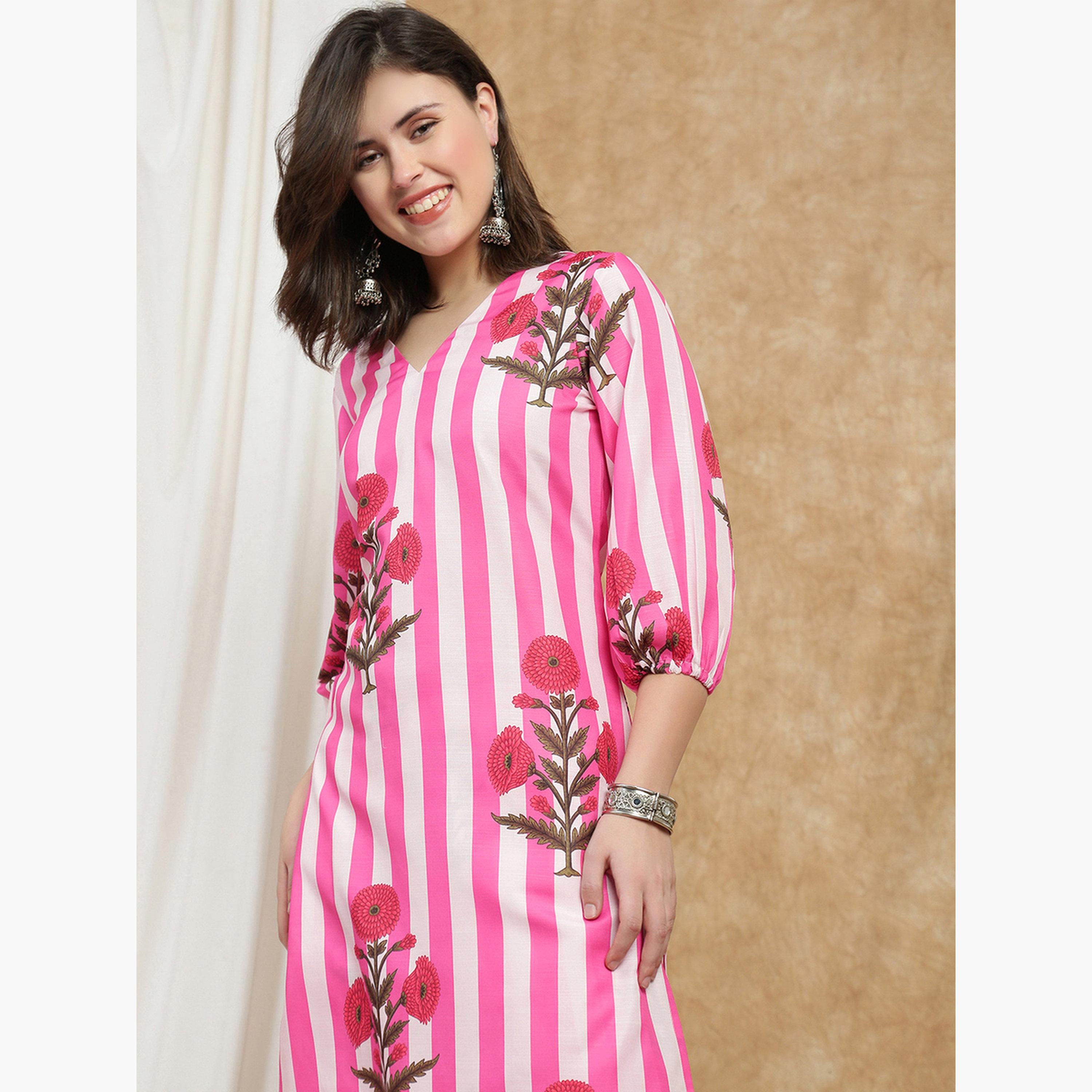 طقم كورتا وبنطال بطبعة خطوط أزهار-women-clothing-ethnicwear-kurtasets-image-4