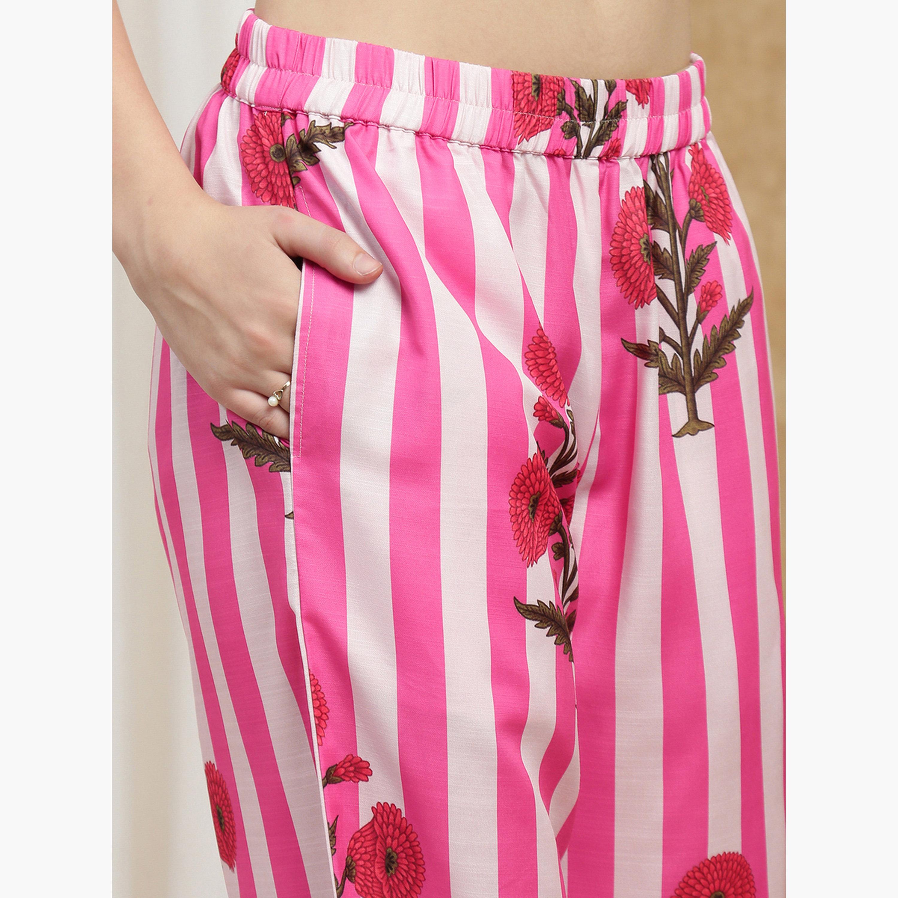 طقم كورتا وبنطال بطبعة خطوط أزهار-women-clothing-ethnicwear-kurtasets-image-5