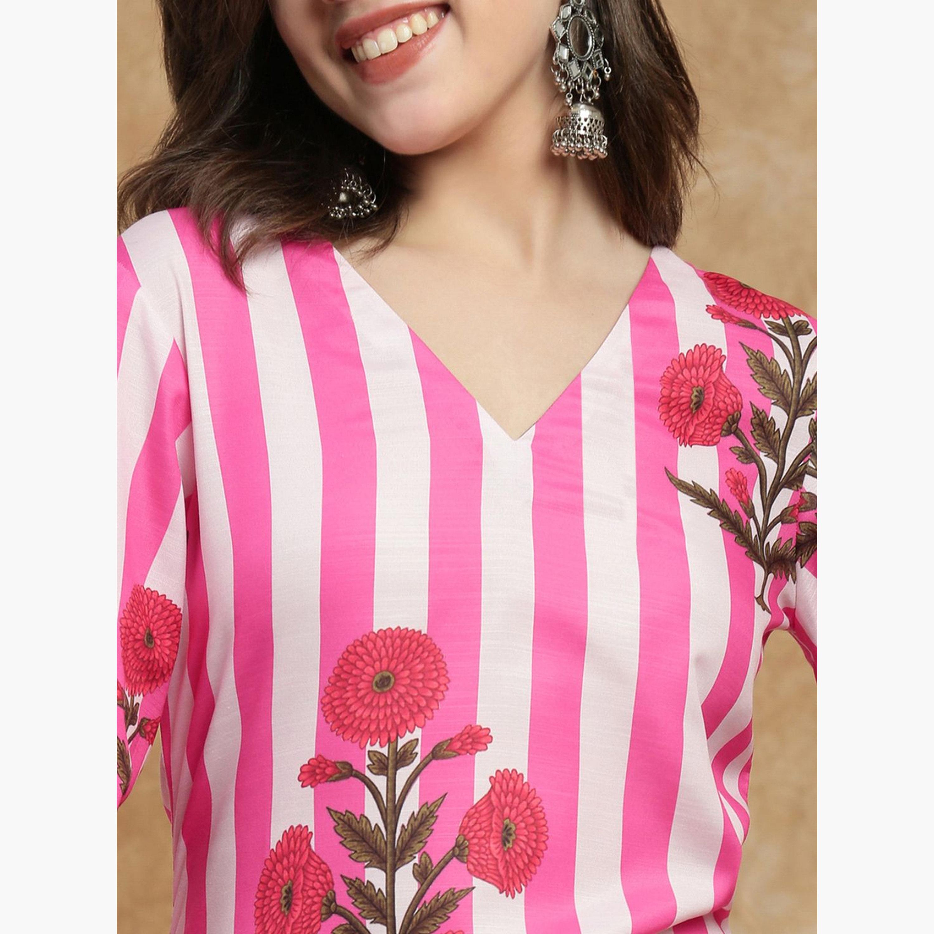 طقم كورتا وبنطال بطبعة خطوط أزهار-women-clothing-ethnicwear-kurtasets-image-6