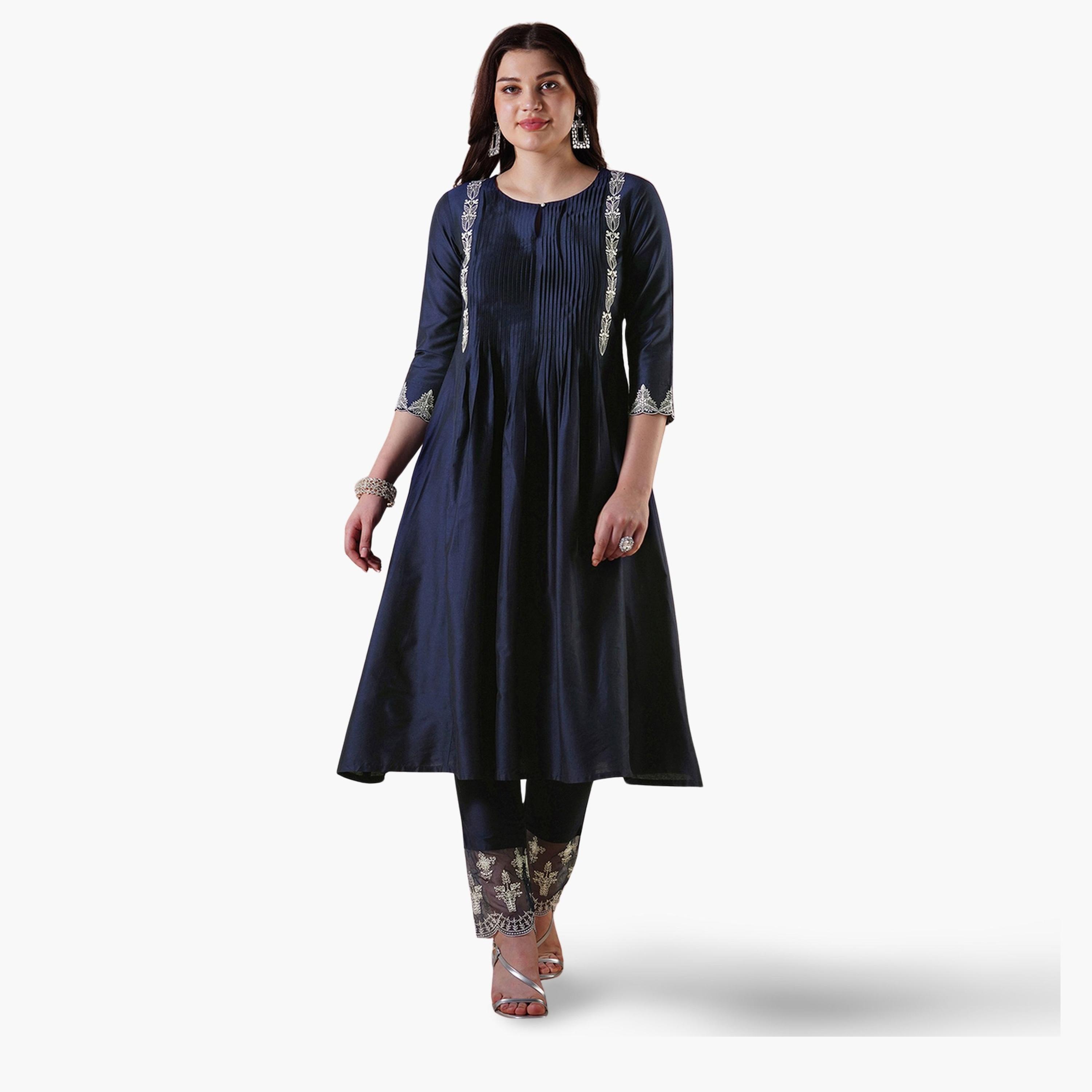 Globus X Styli Women Blue Embroidered Pleated Kurta with Lace Hem Pants Set-women-clothing-ethnicwear-kurtasets-image-1