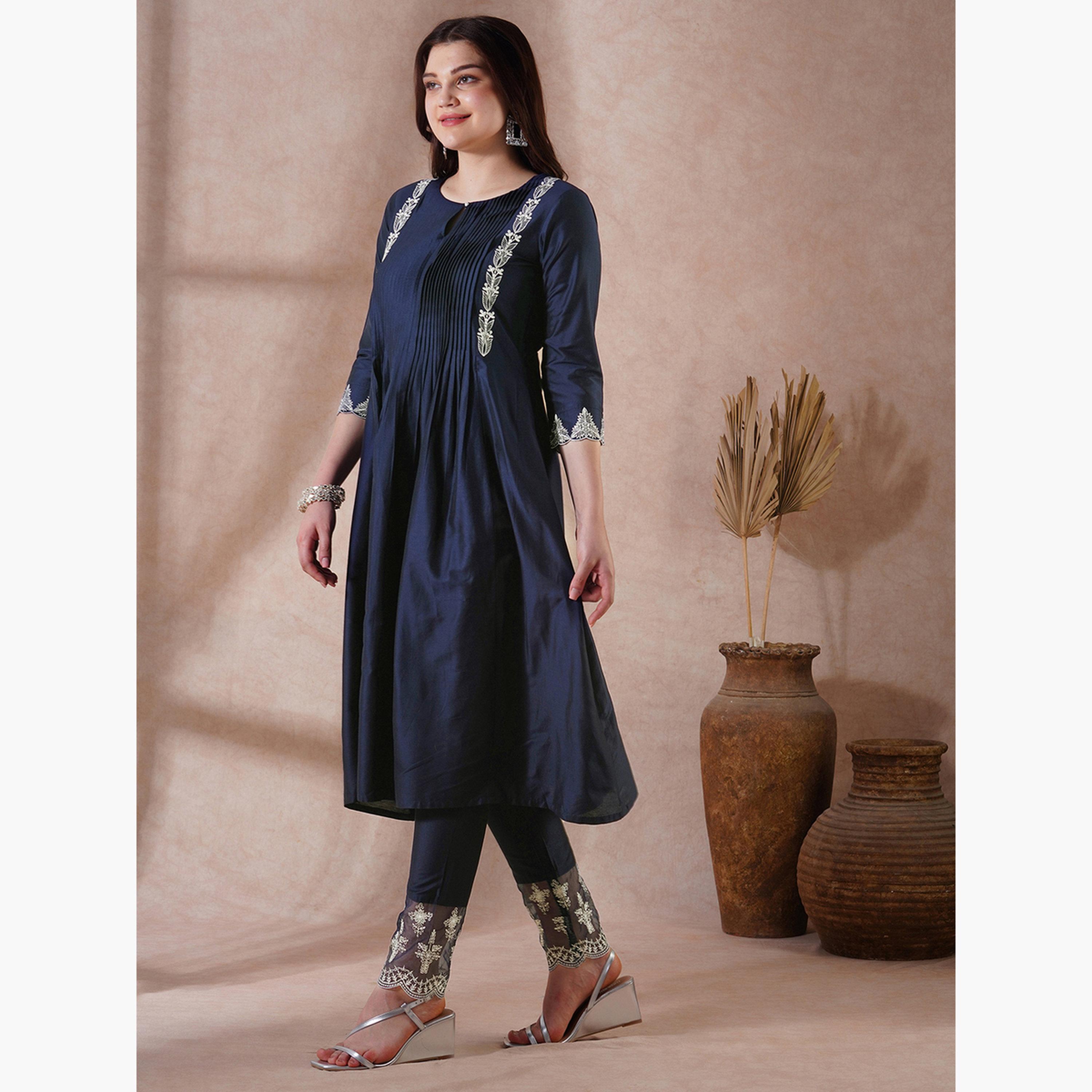 Globus X Styli Women Blue Embroidered Pleated Kurta with Lace Hem Pants Set-women-clothing-ethnicwear-kurtasets-image-2