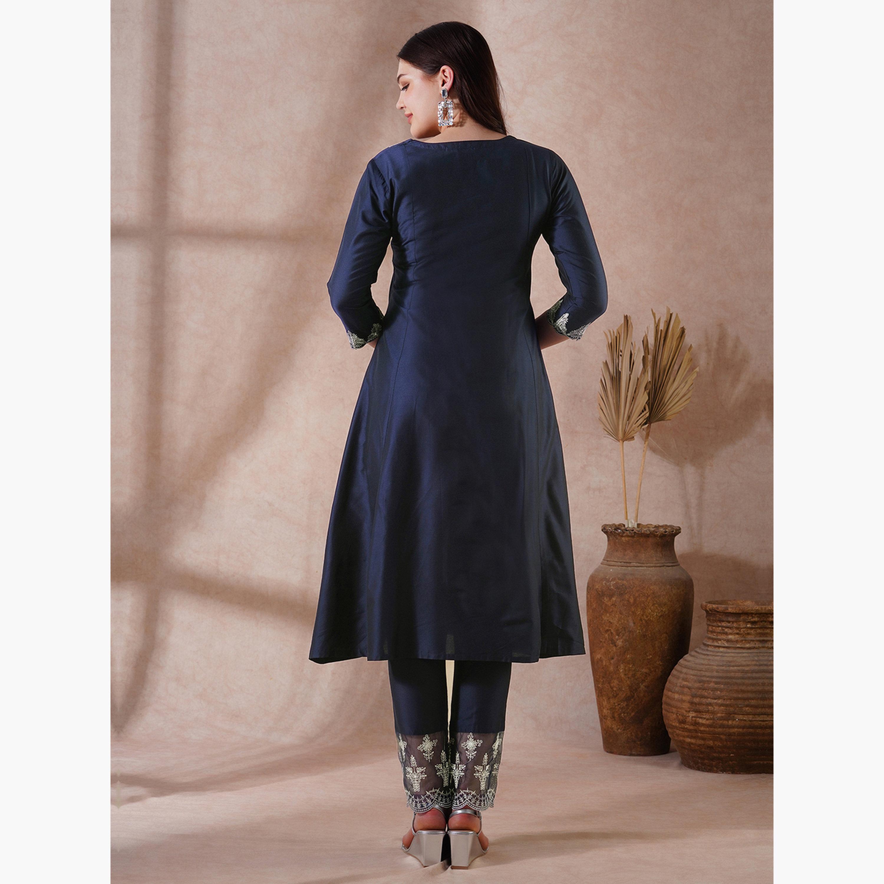 Globus X Styli Women Blue Embroidered Pleated Kurta with Lace Hem Pants Set-women-clothing-ethnicwear-kurtasets-image-3
