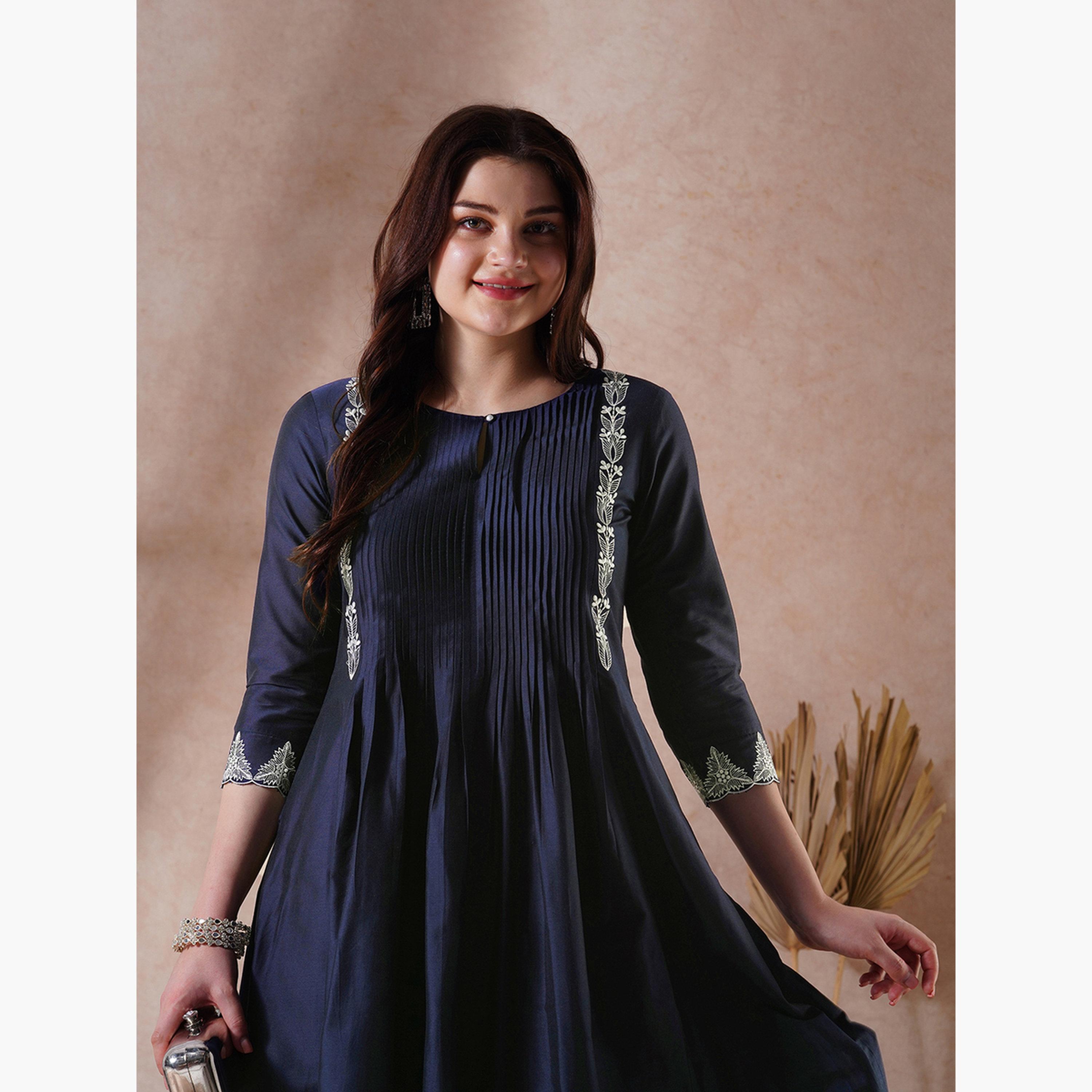 طقم كورتا مطرزة ومكسرة مع بنطال بحافة دانتيل للنساء-women-clothing-ethnicwear-kurtasets-image-4