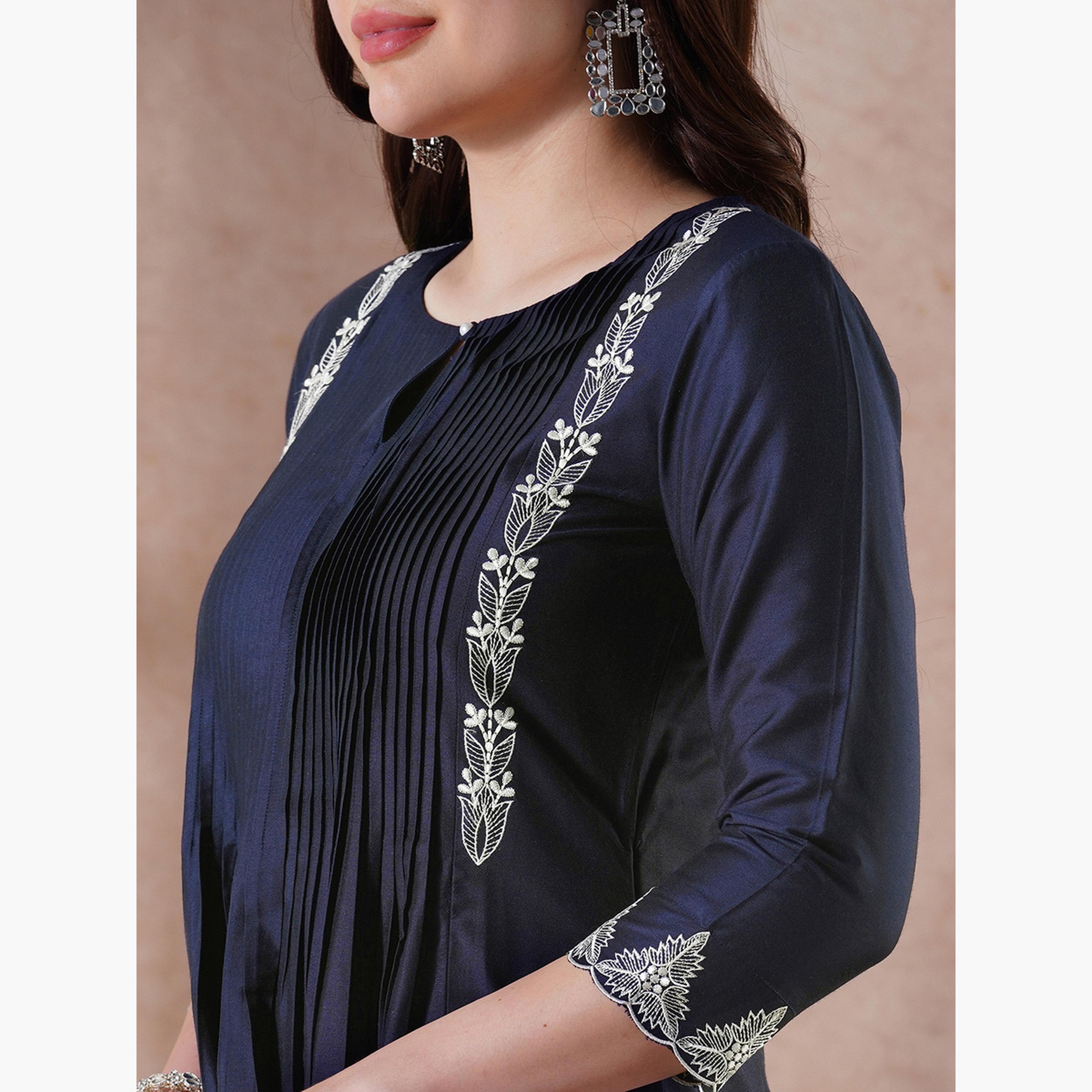 طقم كورتا مطرزة ومكسرة مع بنطال بحافة دانتيل للنساء-women-clothing-ethnicwear-kurtasets-image-6