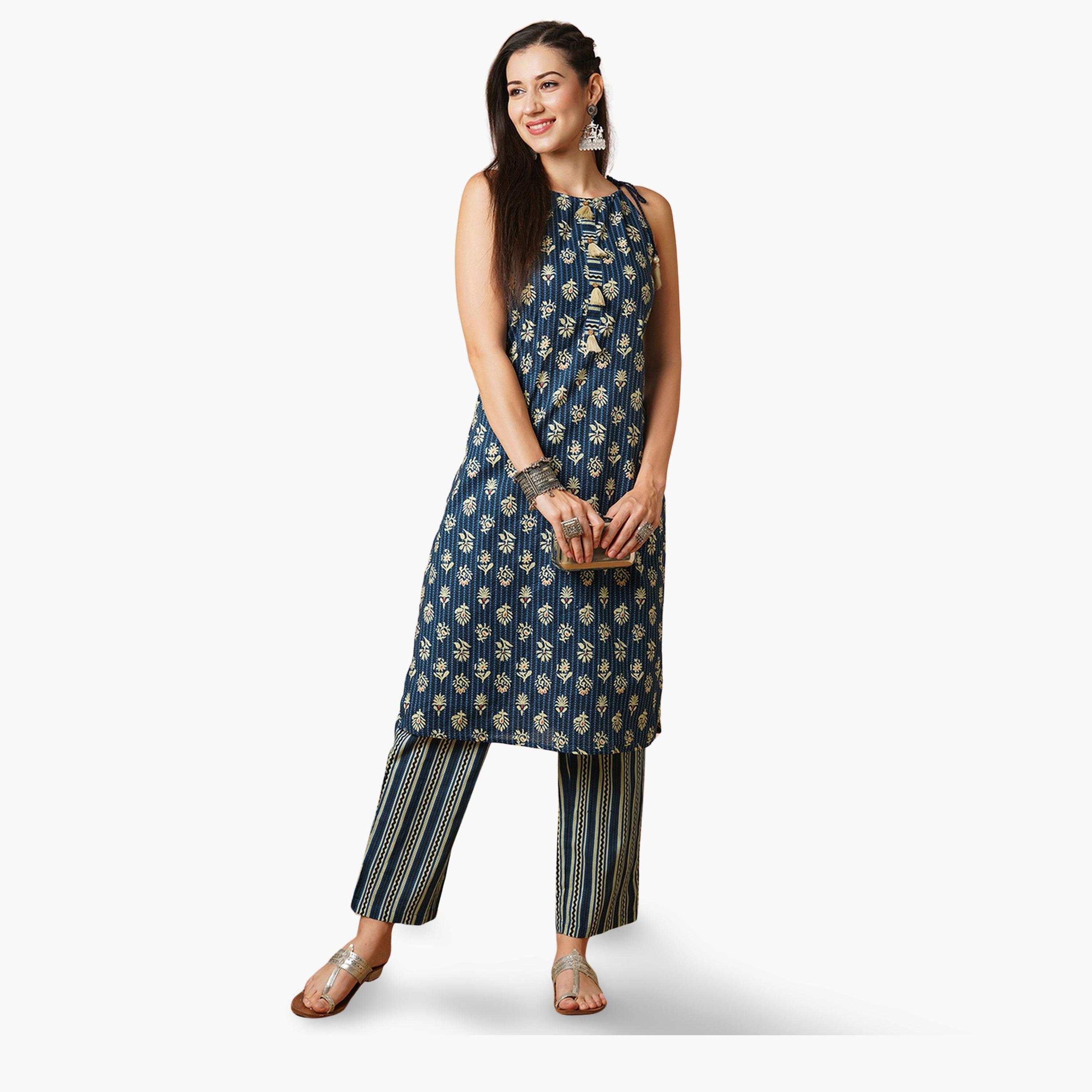 طقم كورتا بحمالات مع بنطال مخطط للنساء-women-clothing-ethnicwear-kurtasets-image-1