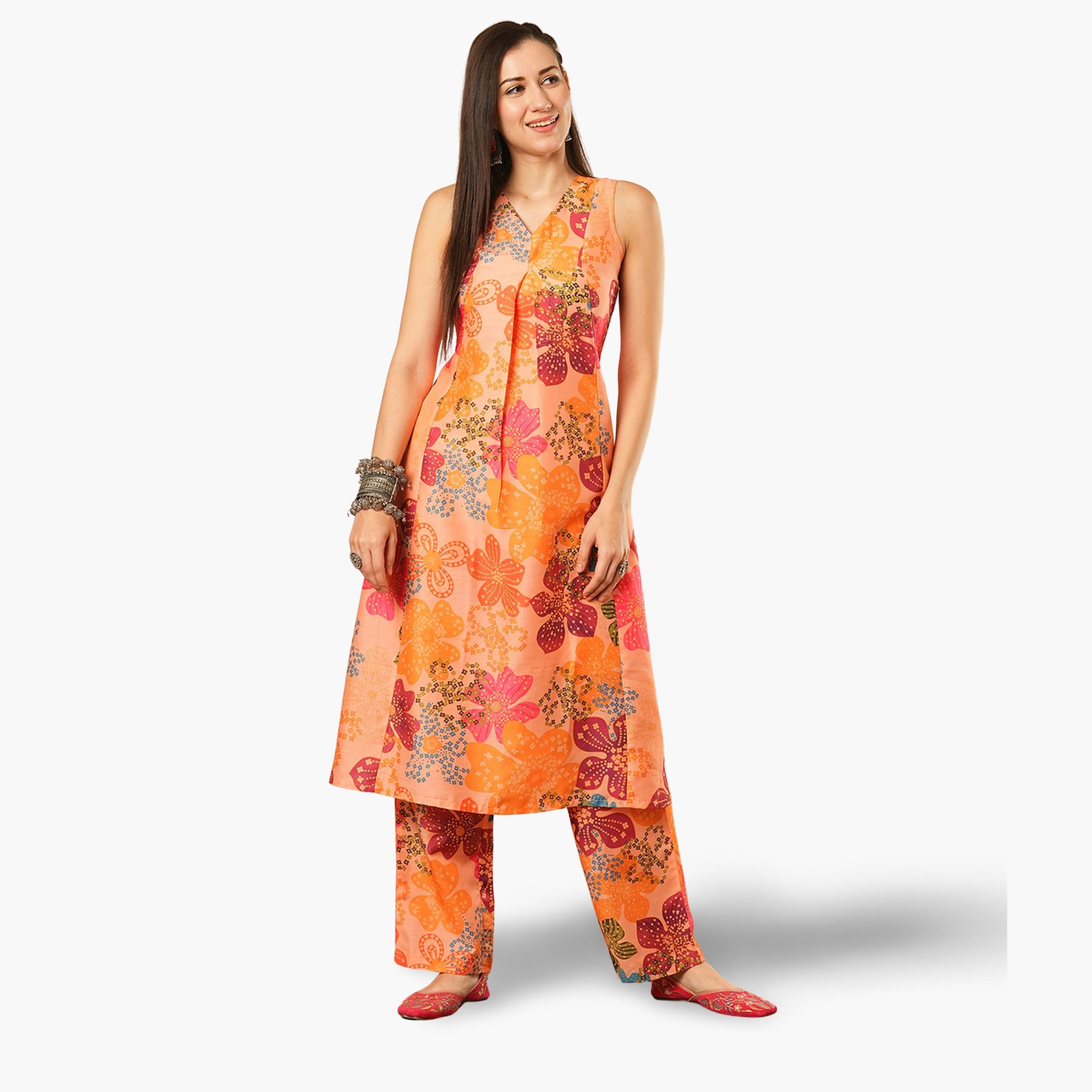 طقم كورتا بطبعة أزهار مع بنطال مستقيم للنساء-women-clothing-ethnicwear-kurtasets-image-1