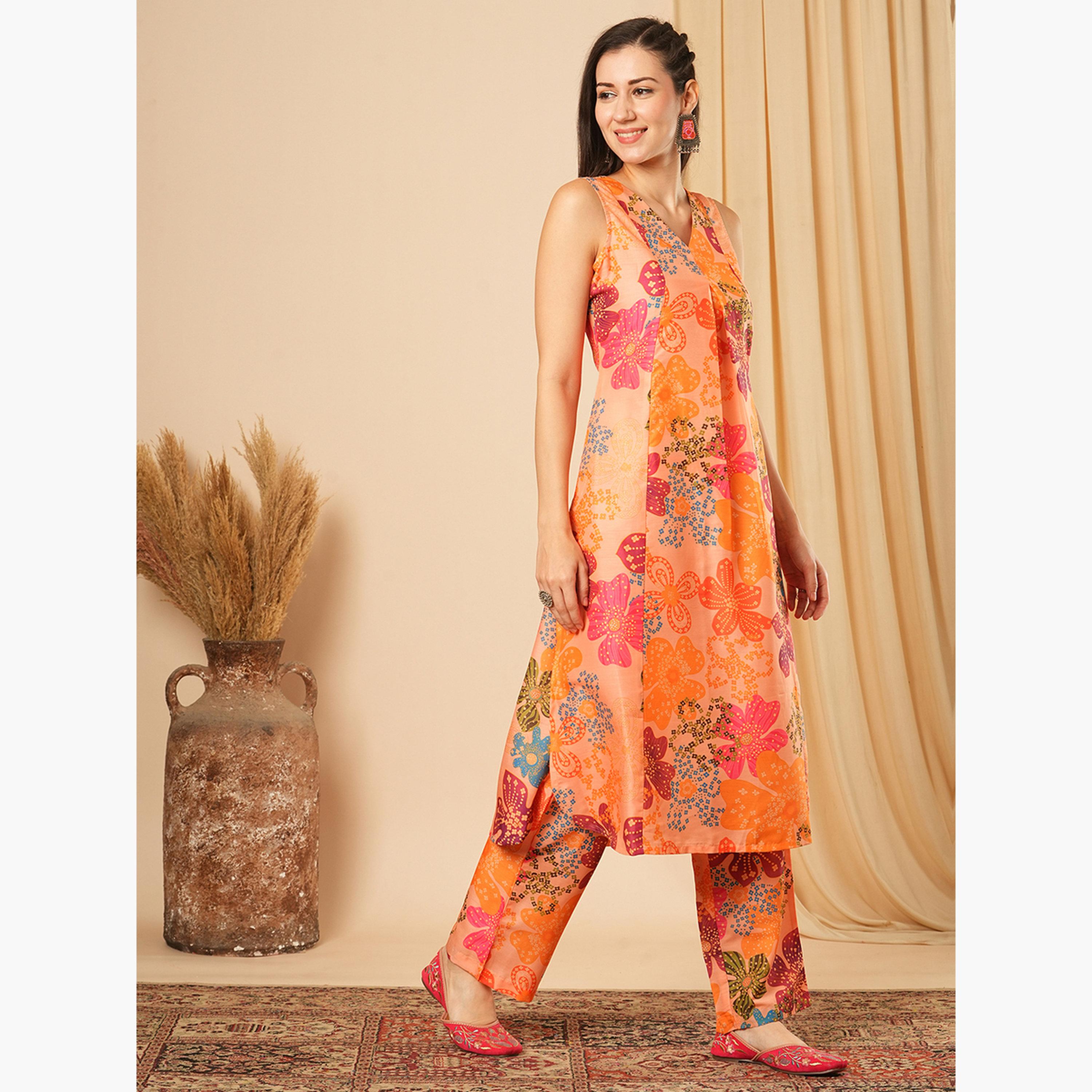 Globus X Styli Women Peach Floral Print Kurta with Straight Pants Set-women-clothing-ethnicwear-kurtasets-image-2