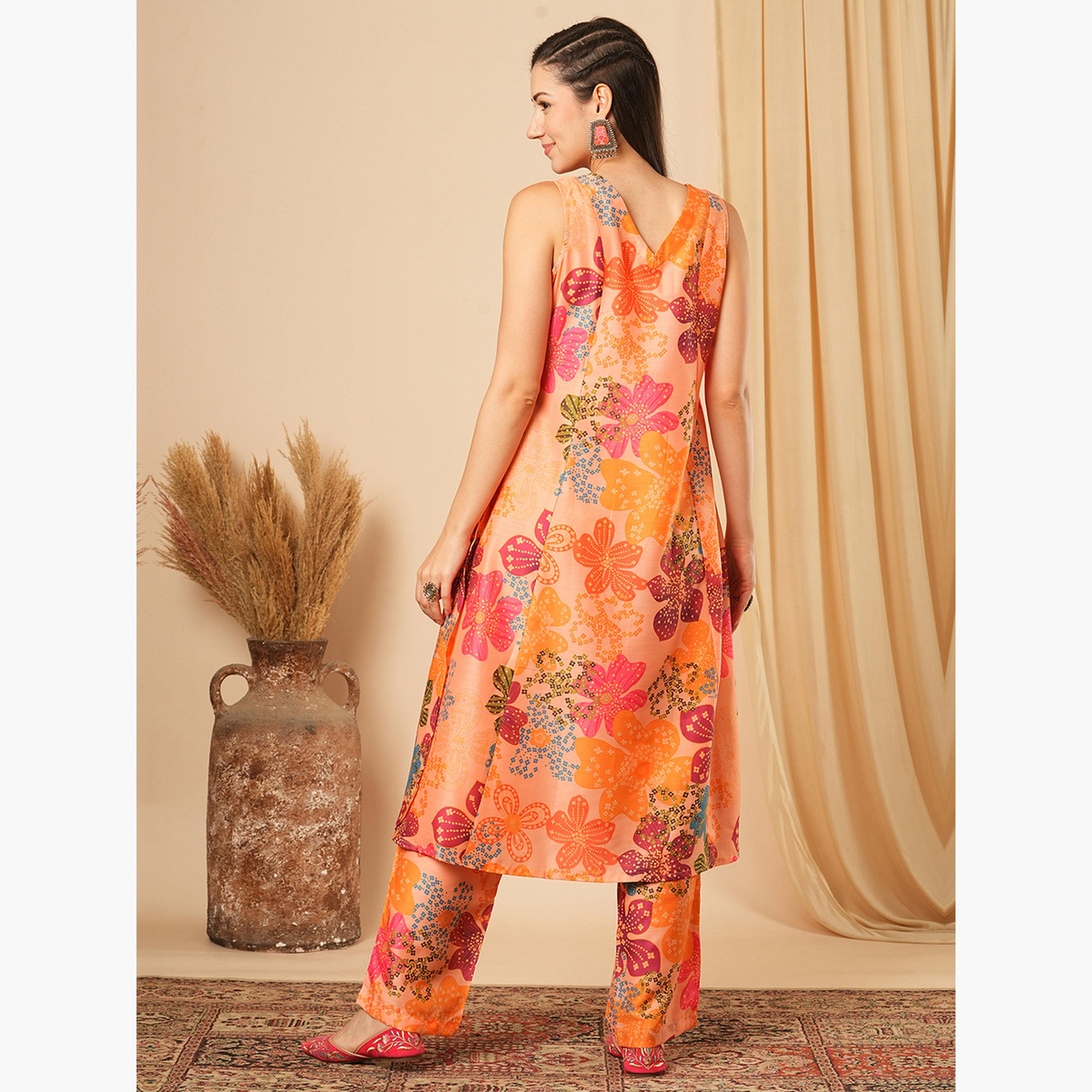 طقم كورتا بطبعة أزهار مع بنطال مستقيم للنساء-women-clothing-ethnicwear-kurtasets-image-3
