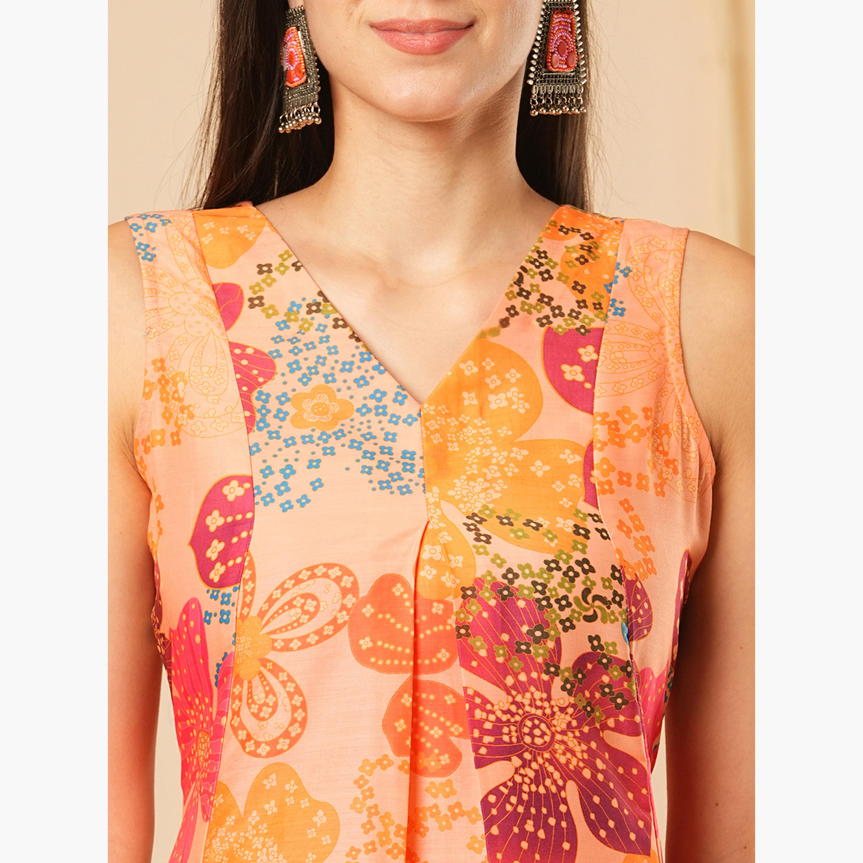 Globus X Styli Women Peach Floral Print Kurta with Straight Pants Set-women-clothing-ethnicwear-kurtasets-image-6