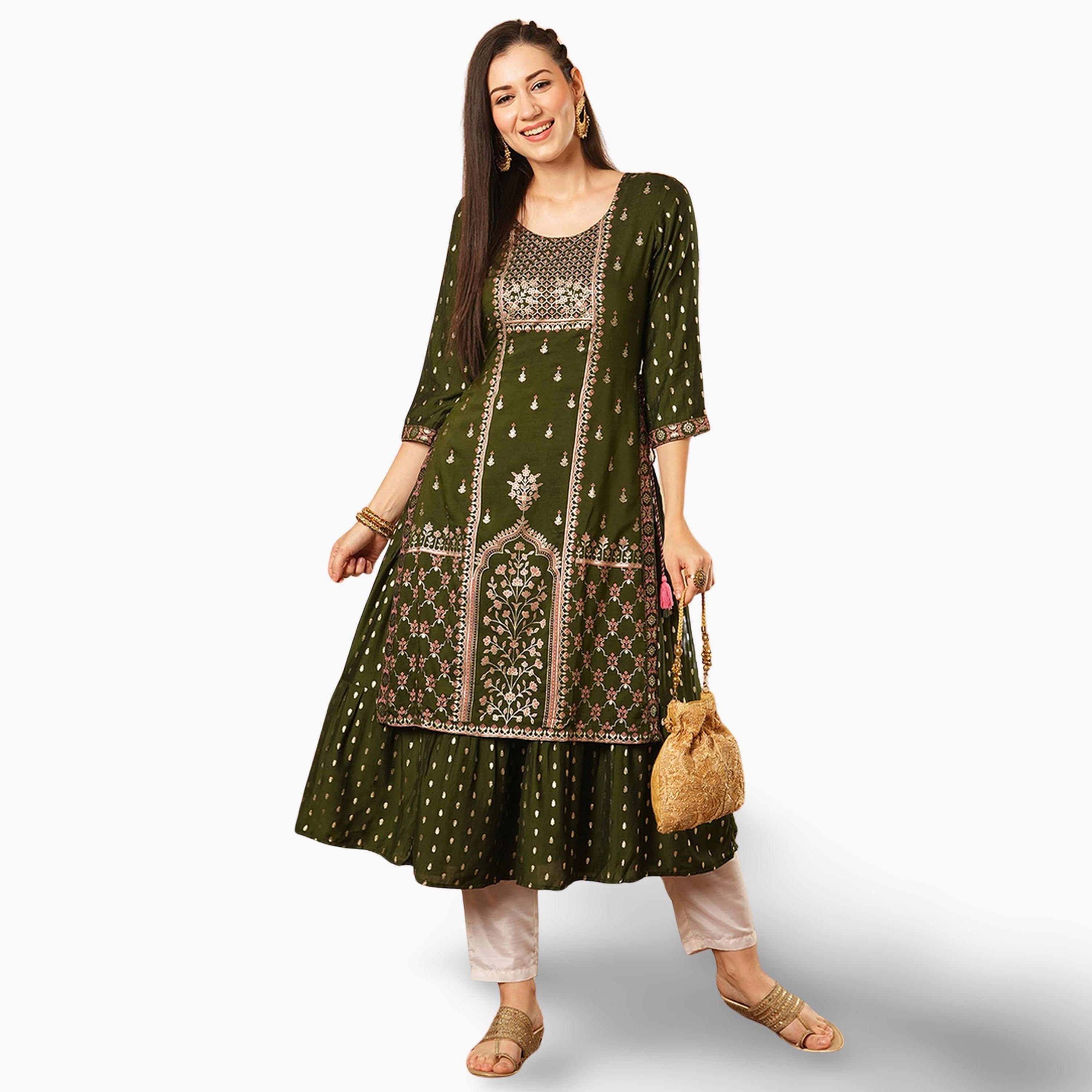 كورتا مطبوعة بزهور وورق ذهبي وبحافة واسعة-women-clothing-ethnicwear-kurtas-image-1