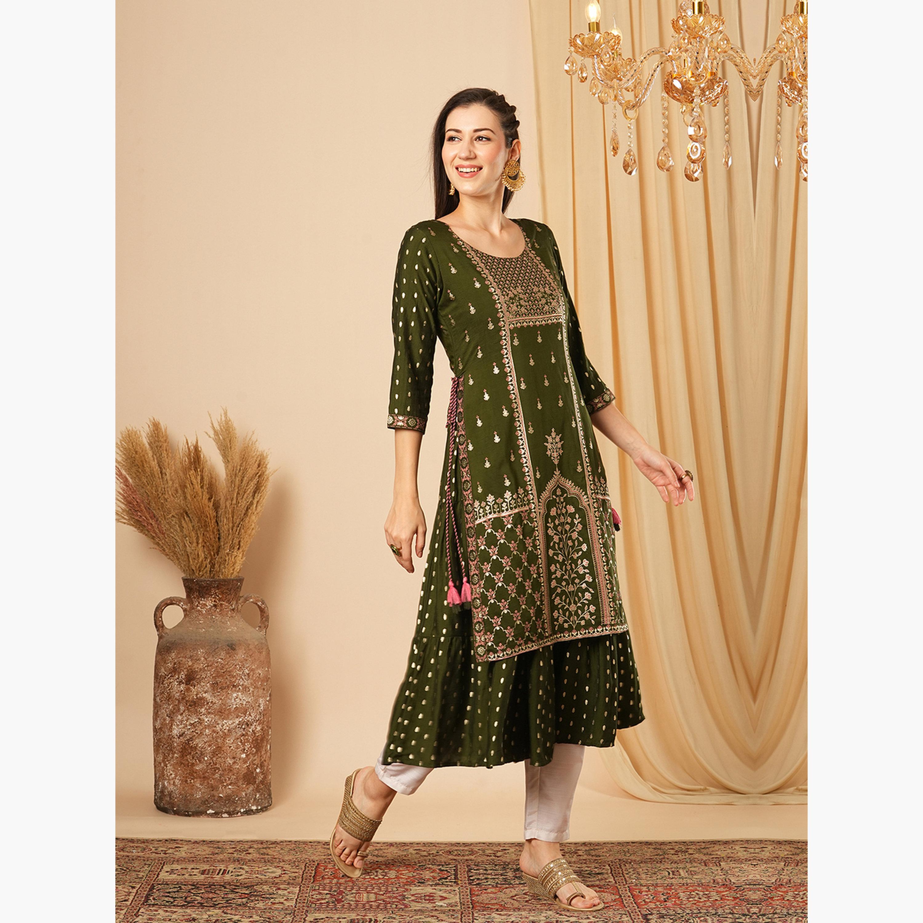 كورتا مطبوعة بزهور وورق ذهبي وبحافة واسعة-women-clothing-ethnicwear-kurtas-image-2