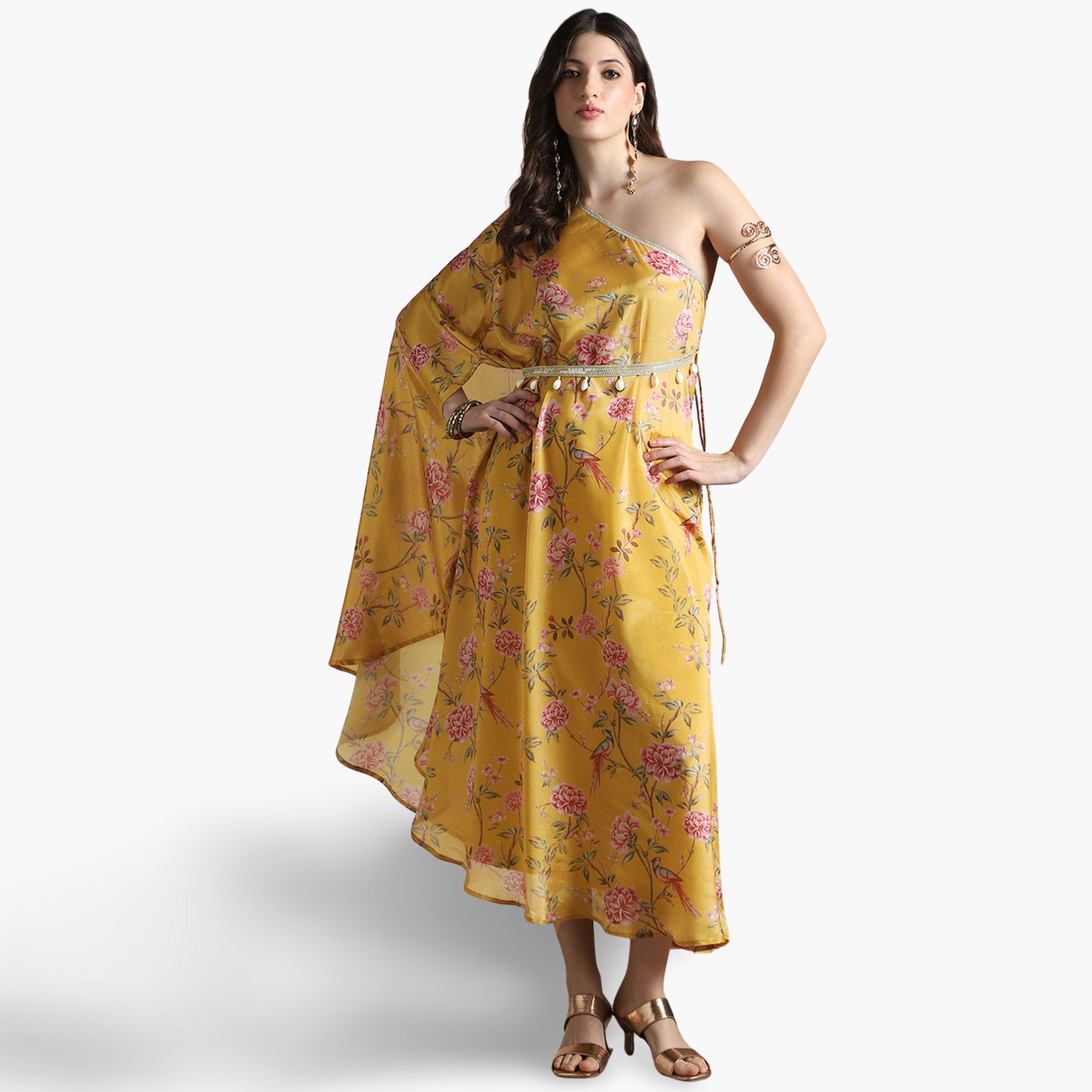 Globus X Styli Women Yellow Floral Print One Shoulder Midi Dress-women-clothing-ethnicwear-dresses-image-1