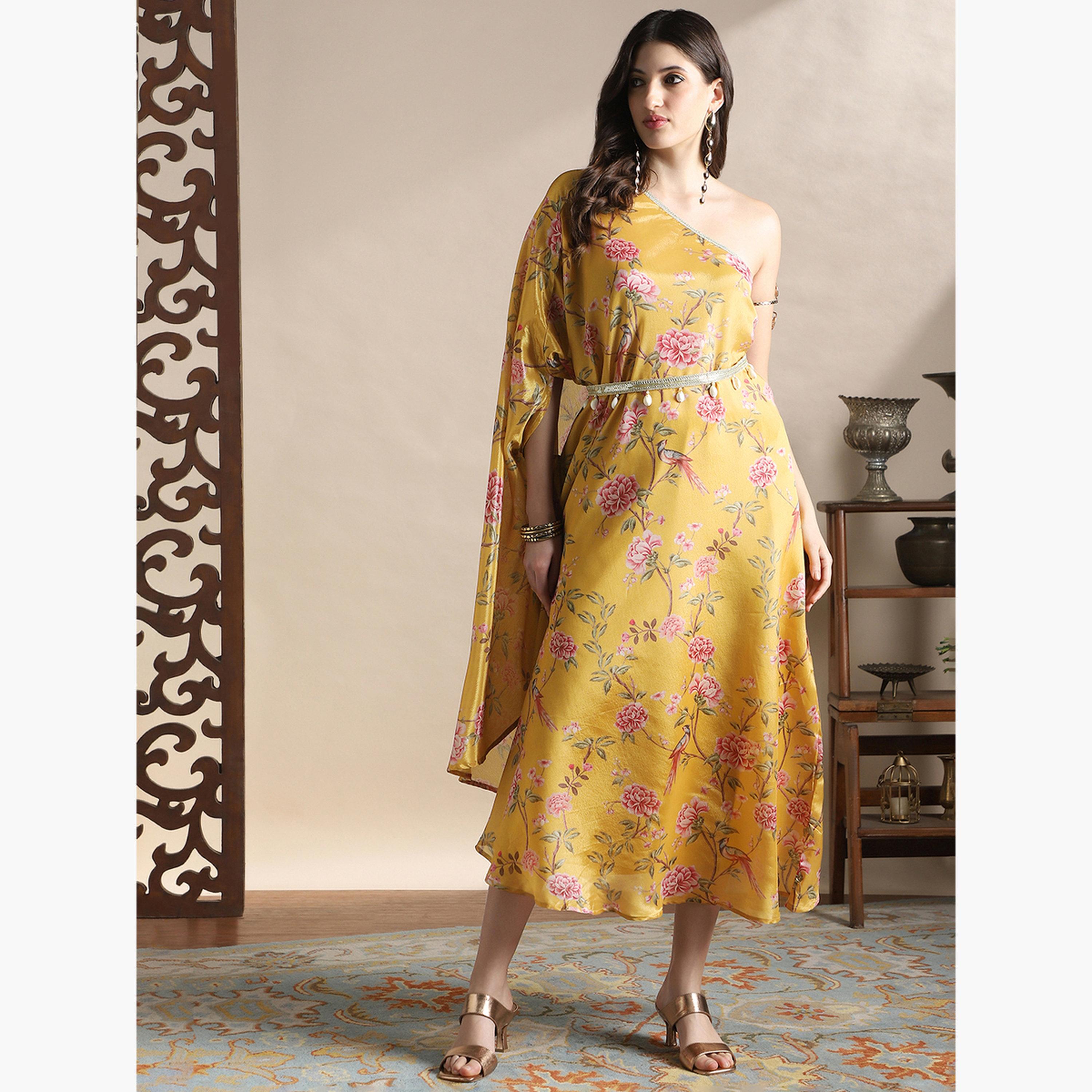فستان ميدي بكتف واحد وطبعة زهور-women-clothing-ethnicwear-dresses-image-2