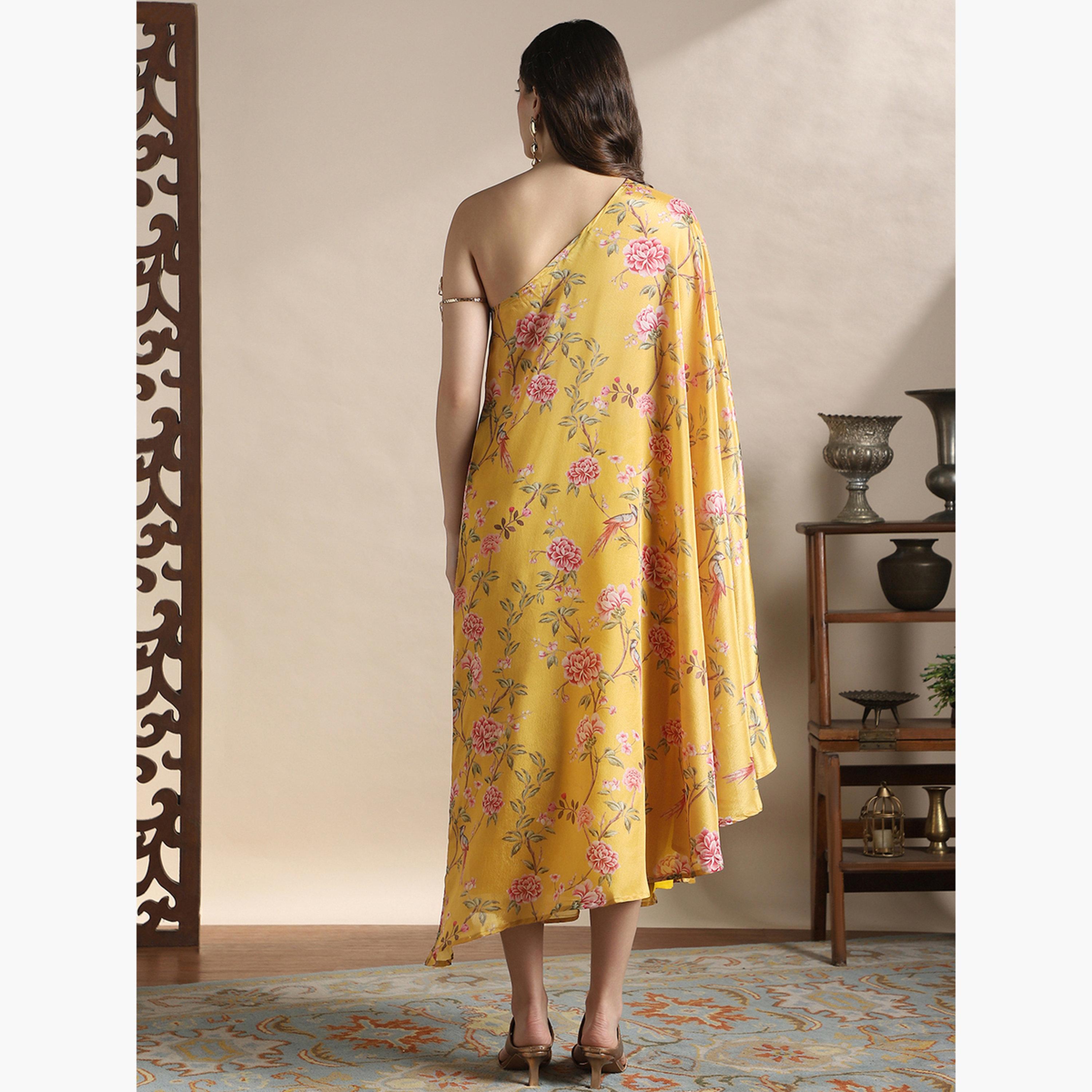 Globus X Styli Women Yellow Floral Print One Shoulder Midi Dress-women-clothing-ethnicwear-dresses-image-3