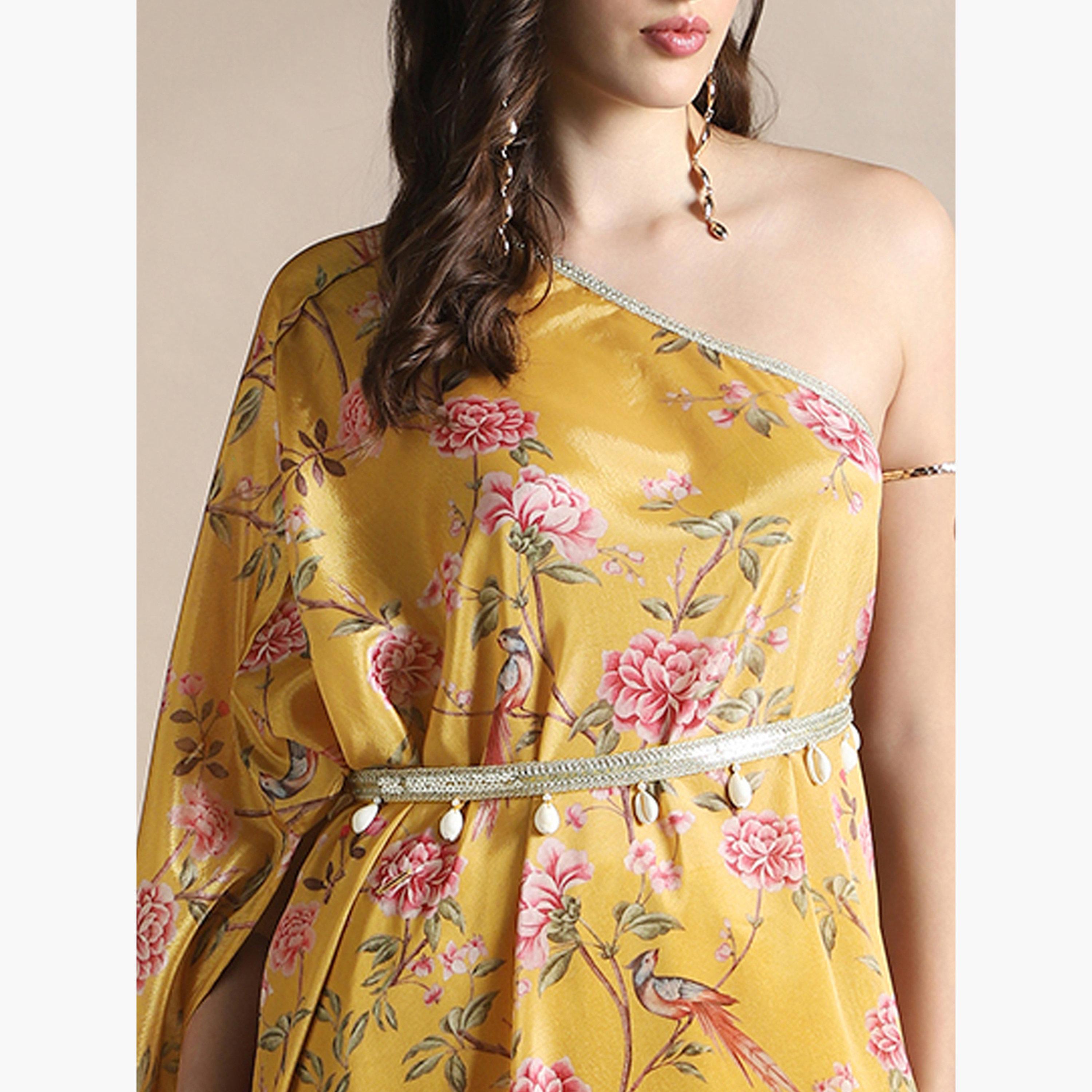 Globus X Styli Women Yellow Floral Print One Shoulder Midi Dress-women-clothing-ethnicwear-dresses-image-5
