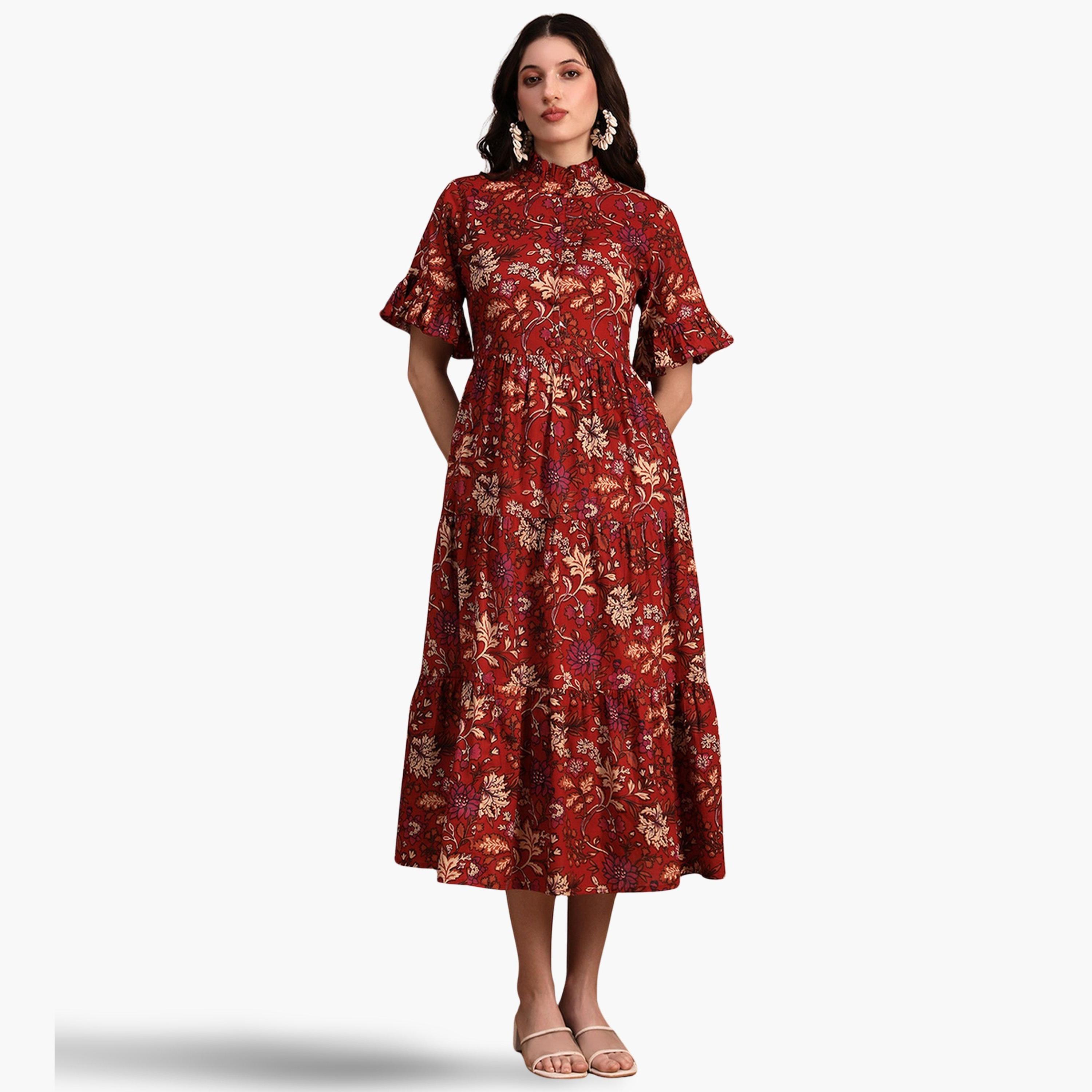 Globus X Styli Women Red Floral Print Tiered Midi Dress-women-clothing-ethnicwear-dresses-image-1