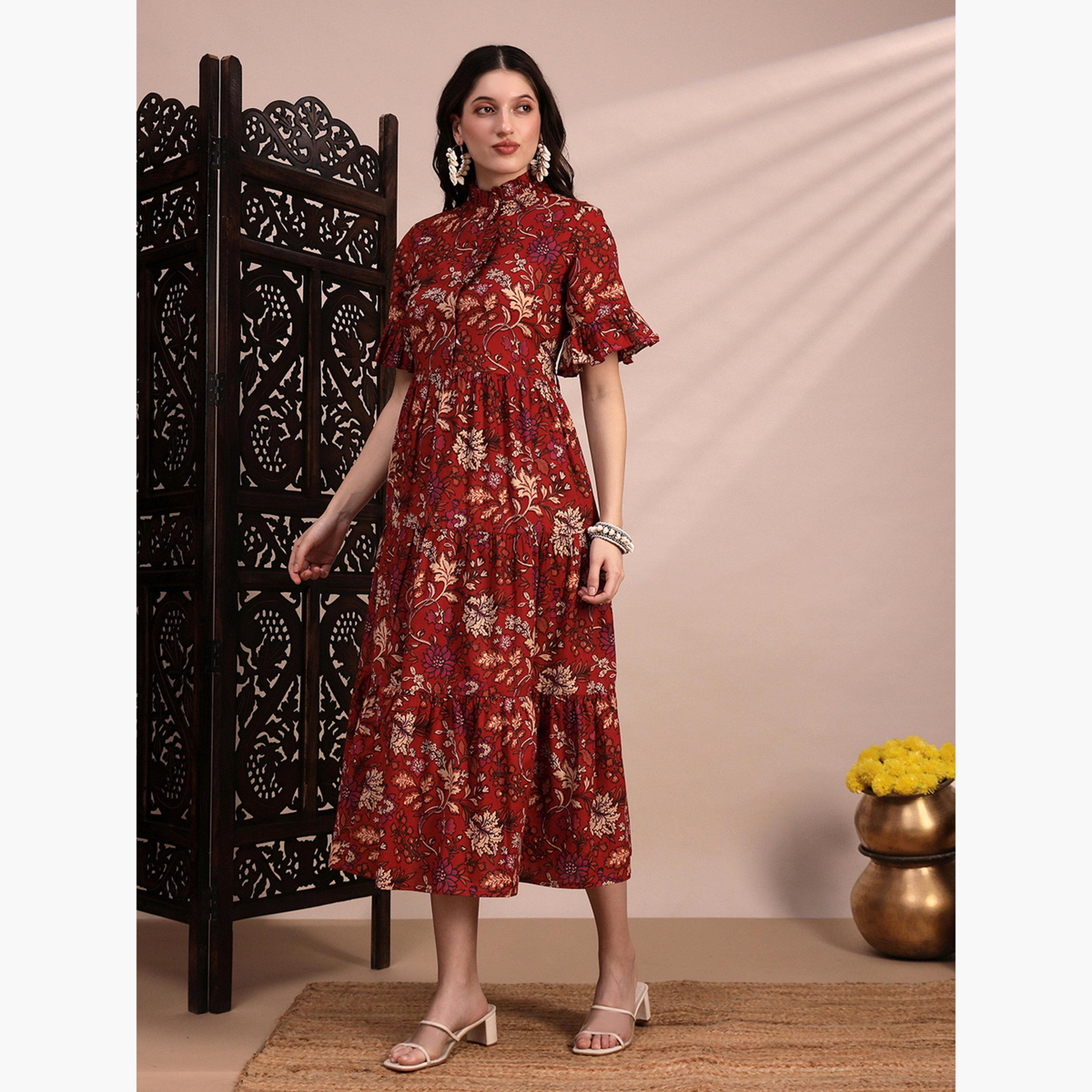 Globus X Styli Women Red Floral Print Tiered Midi Dress-women-clothing-ethnicwear-dresses-image-2