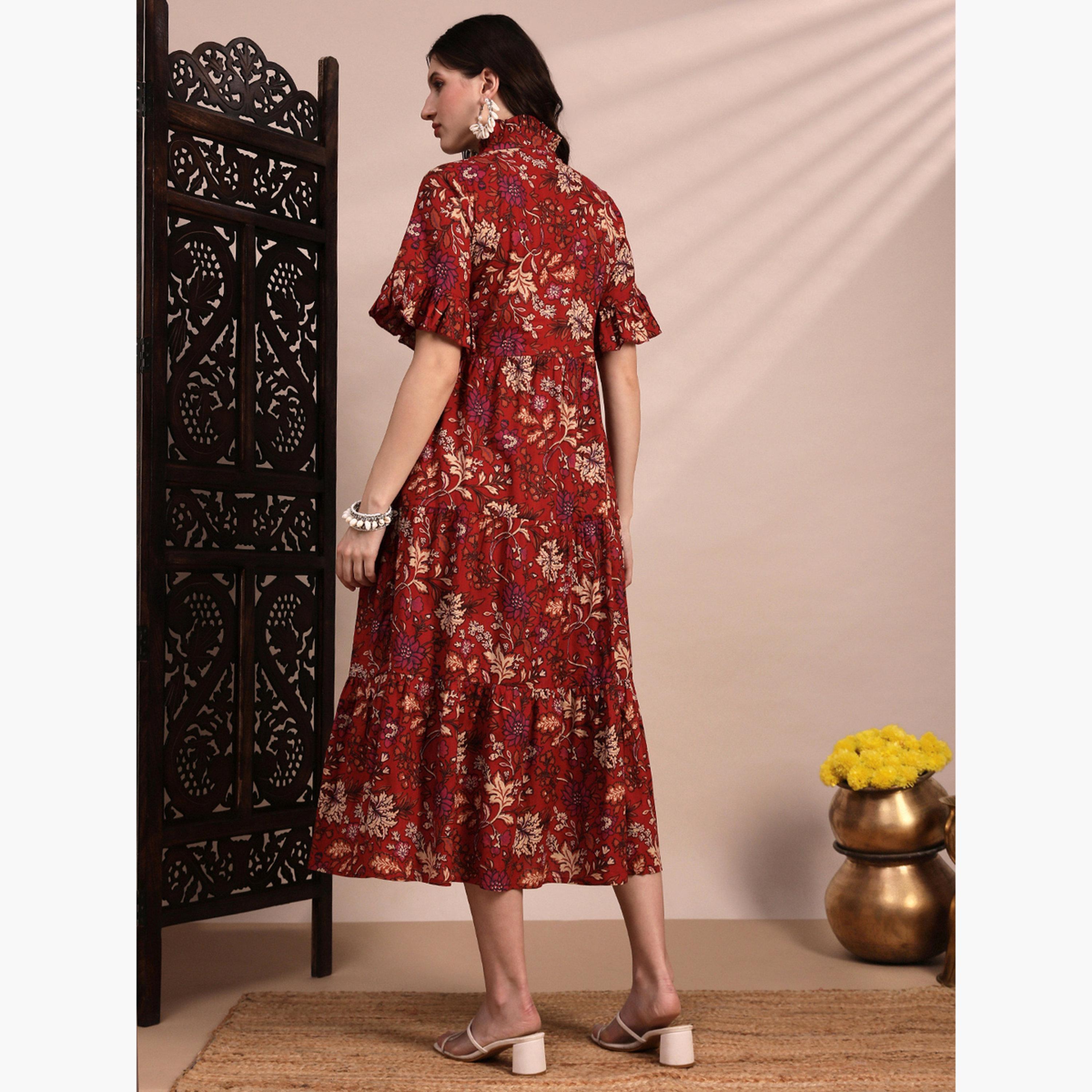 Globus X Styli Women Red Floral Print Tiered Midi Dress-women-clothing-ethnicwear-dresses-image-3