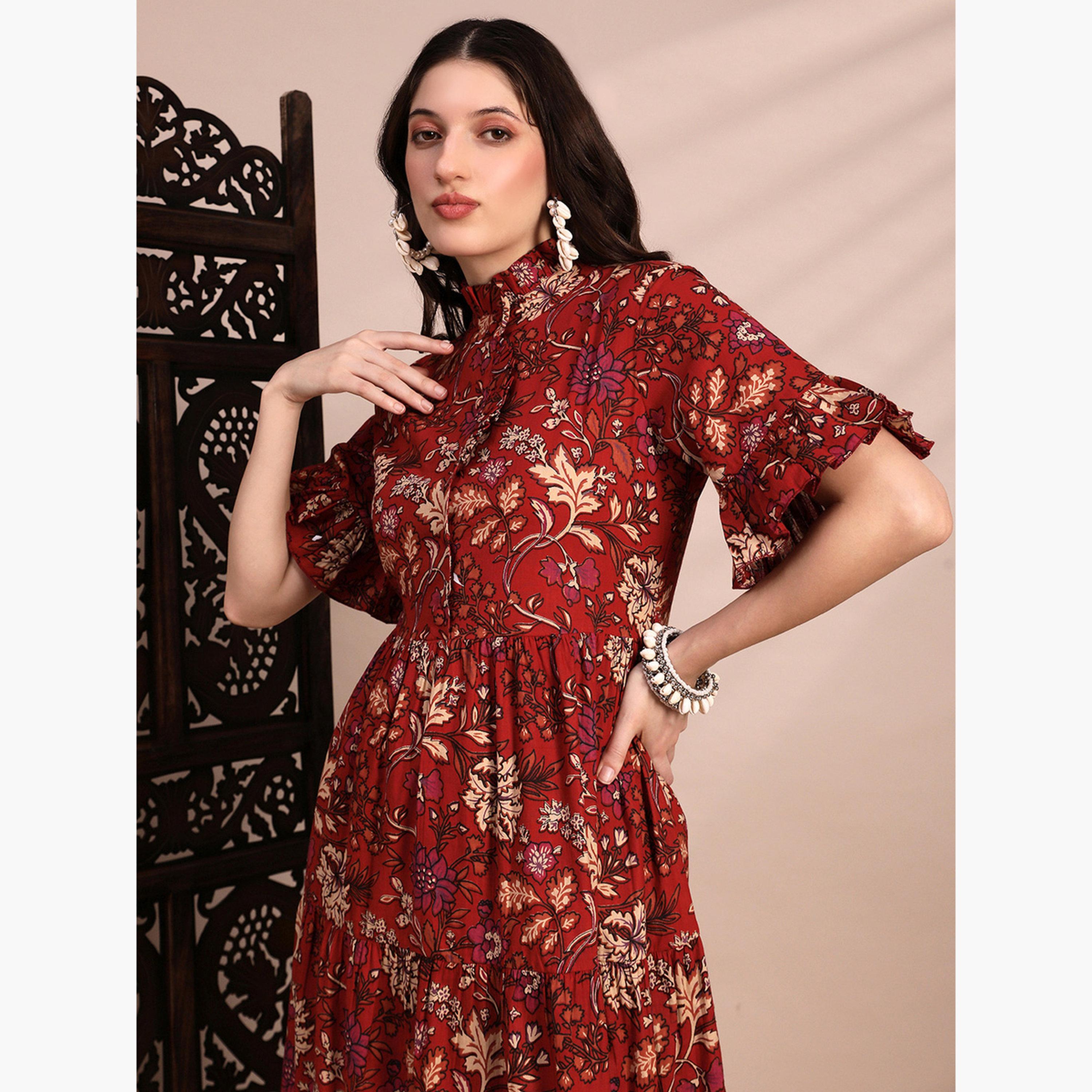 Globus X Styli Women Red Floral Print Tiered Midi Dress-women-clothing-ethnicwear-dresses-image-4