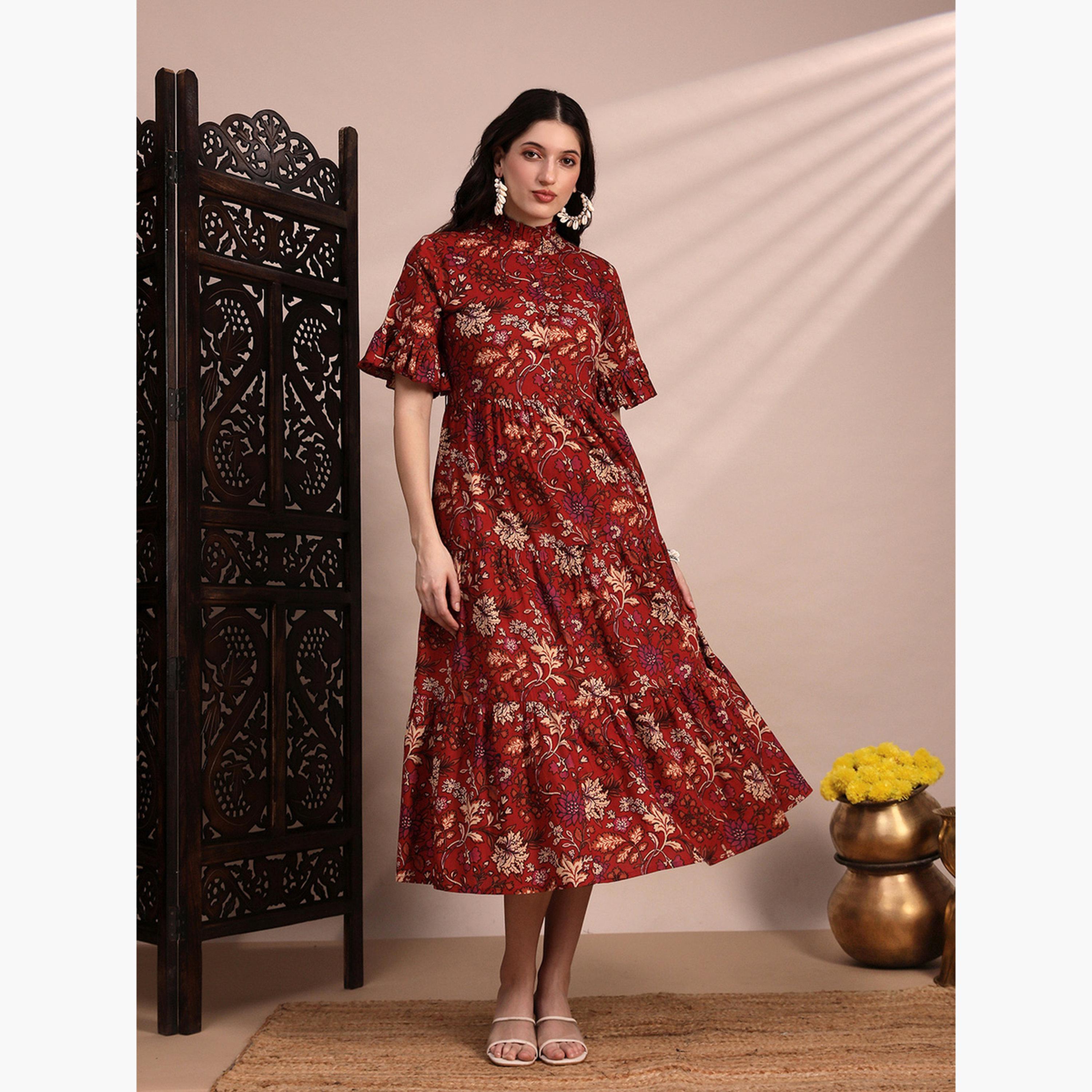 Globus X Styli Women Red Floral Print Tiered Midi Dress-women-clothing-ethnicwear-dresses-image-5